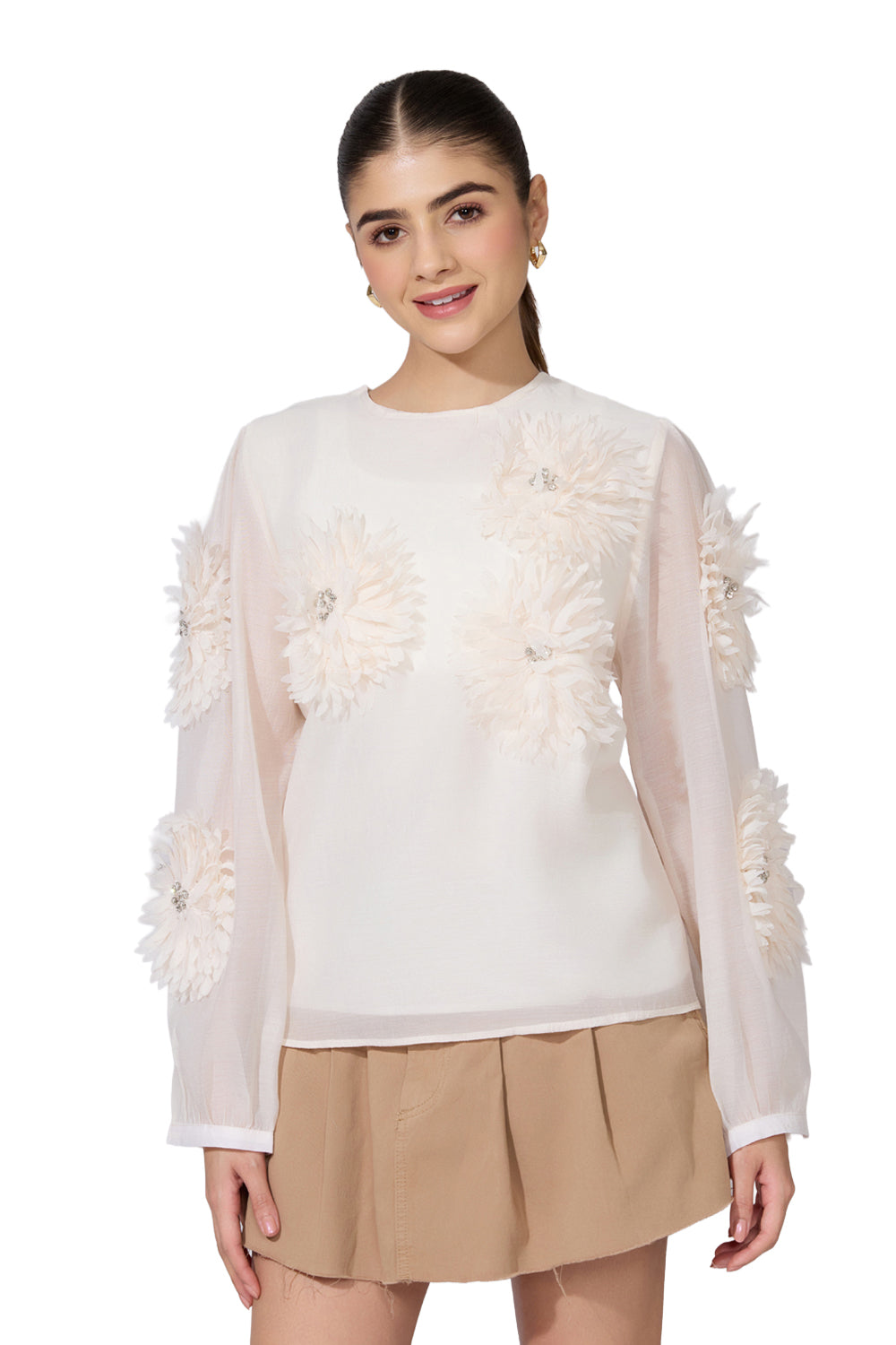 Women's Floral Appliqué Cream Top