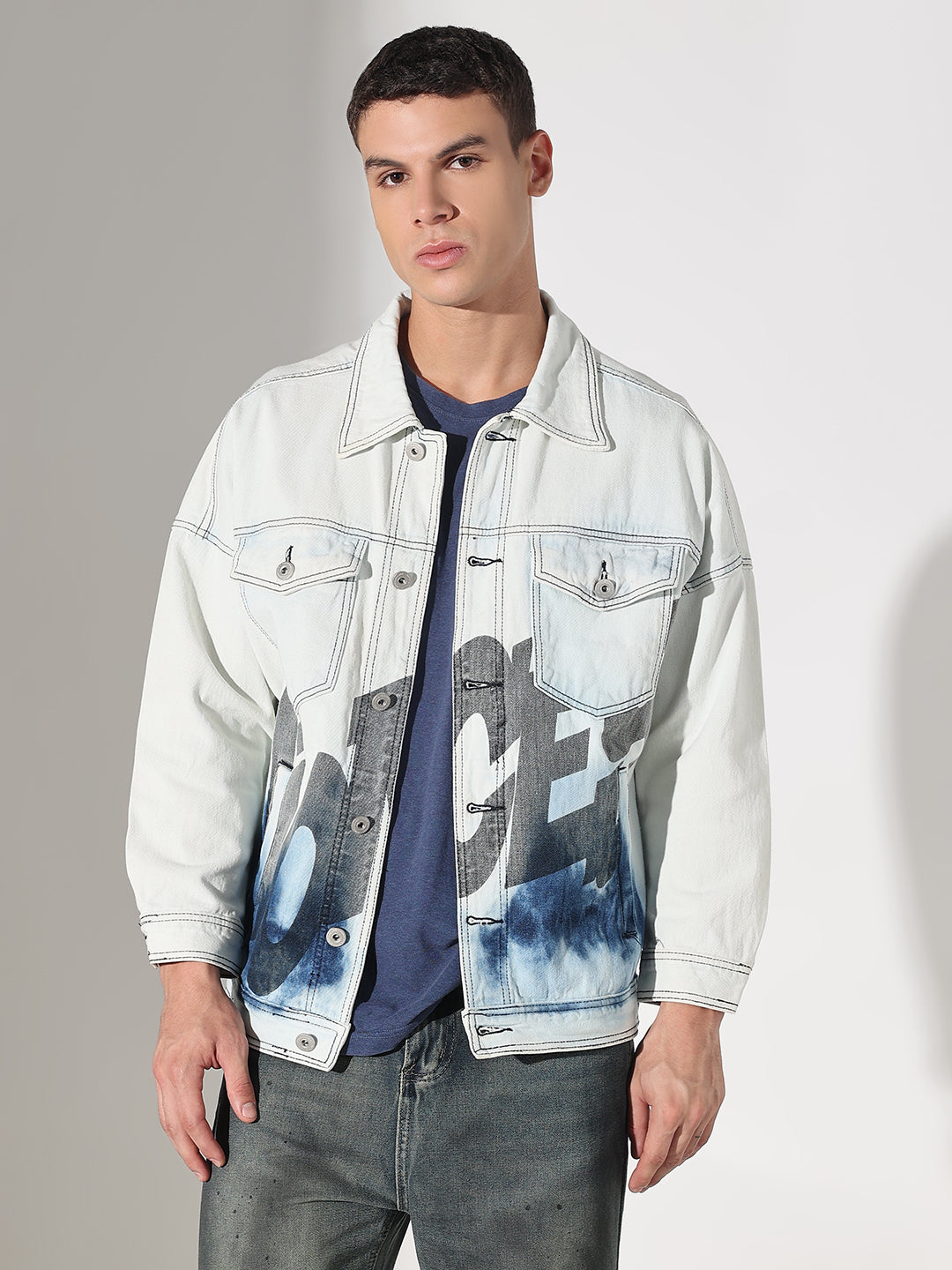 Men's Printed White Washed Denim Jacket