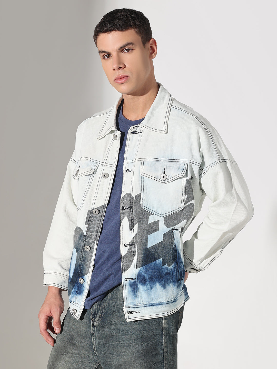 Men's Printed White Washed Denim Jacket
