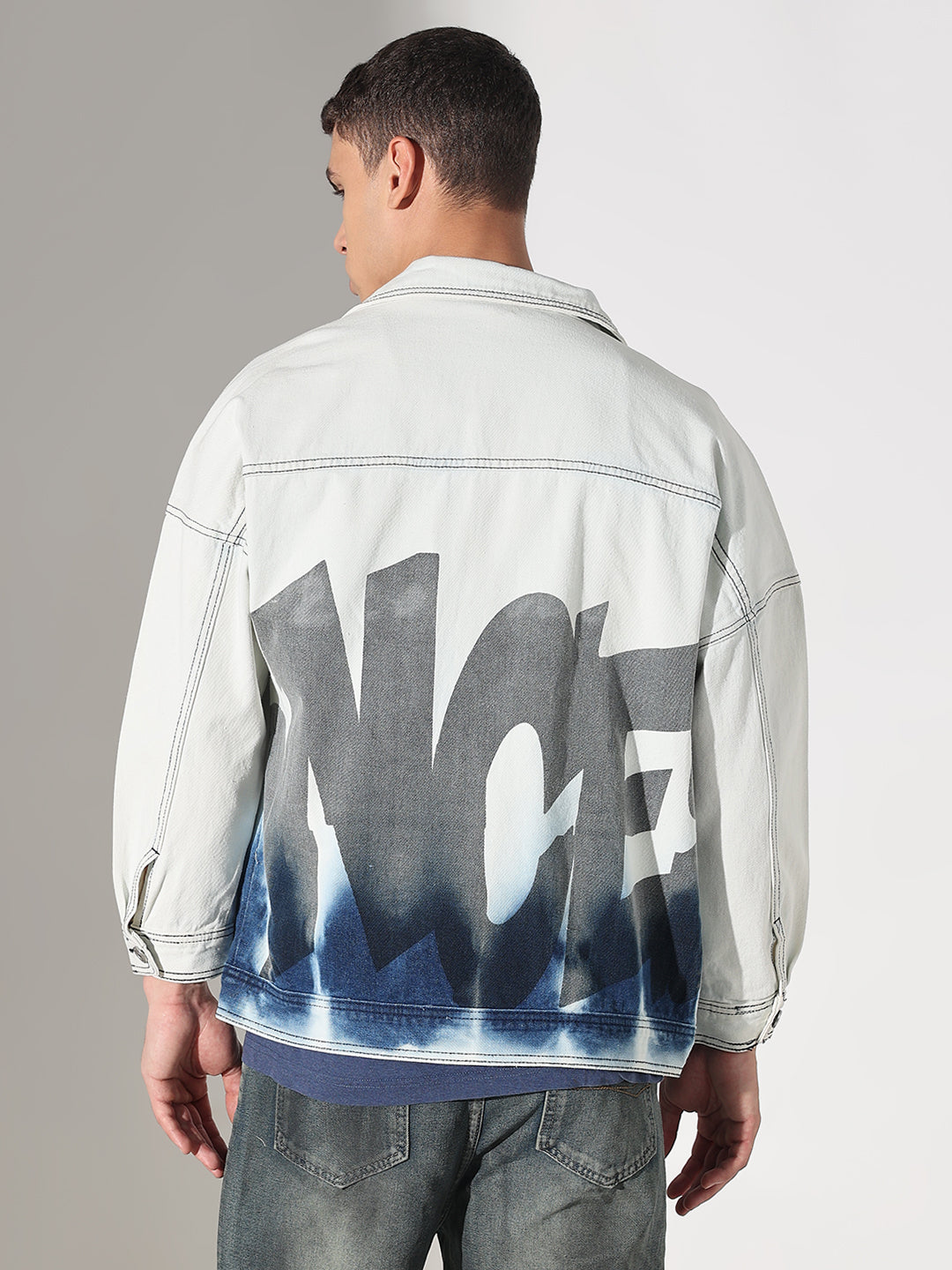 Men's Printed White Washed Denim Jacket