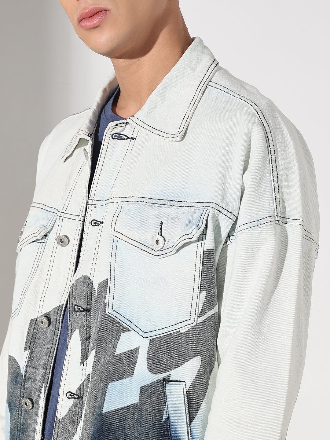 Men's Printed White Washed Denim Jacket