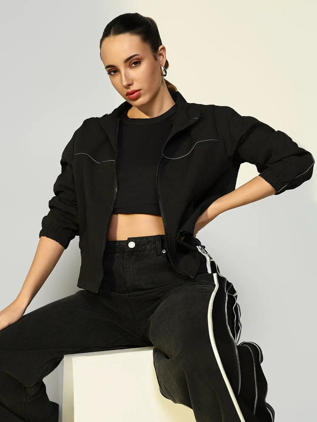 Women's Textured Black Bomber Jacket with Zip Detail