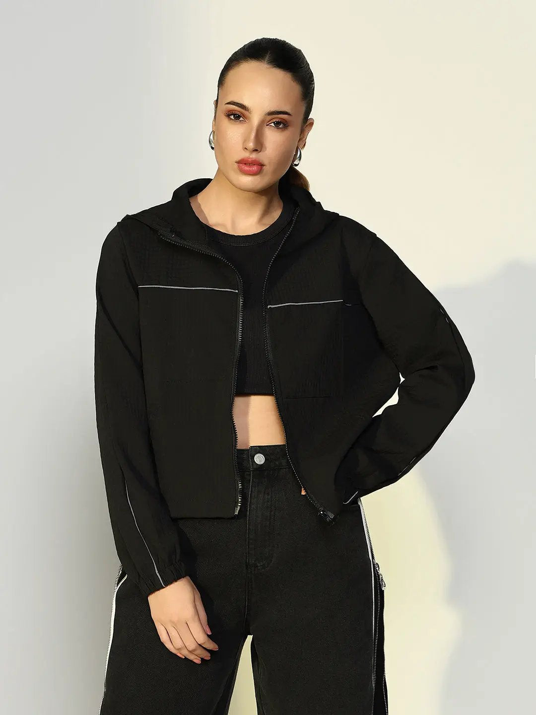 Women's Textured Black Bomber Jacket with Zip Detail