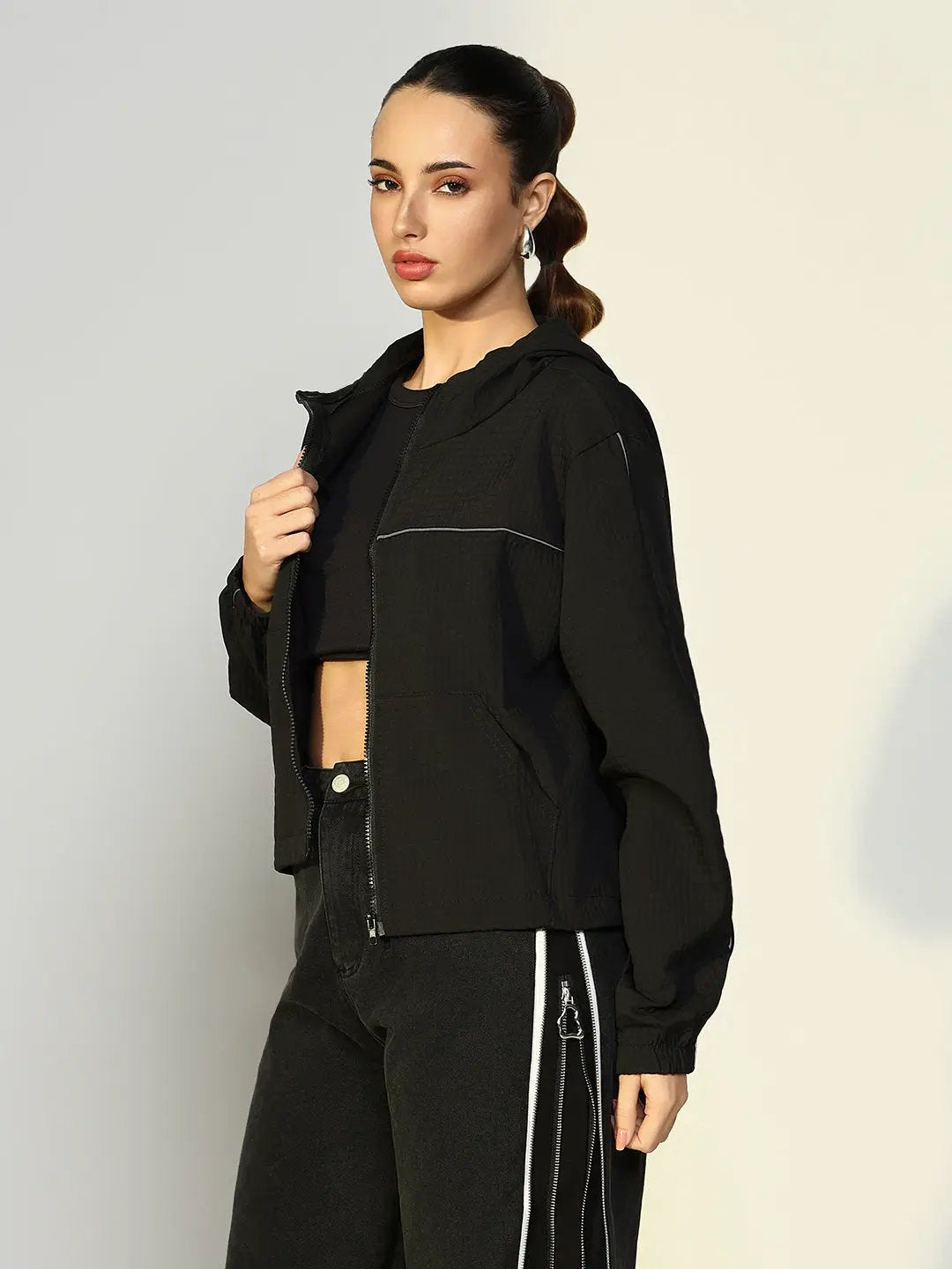 Women's Textured Black Bomber Jacket with Zip Detail