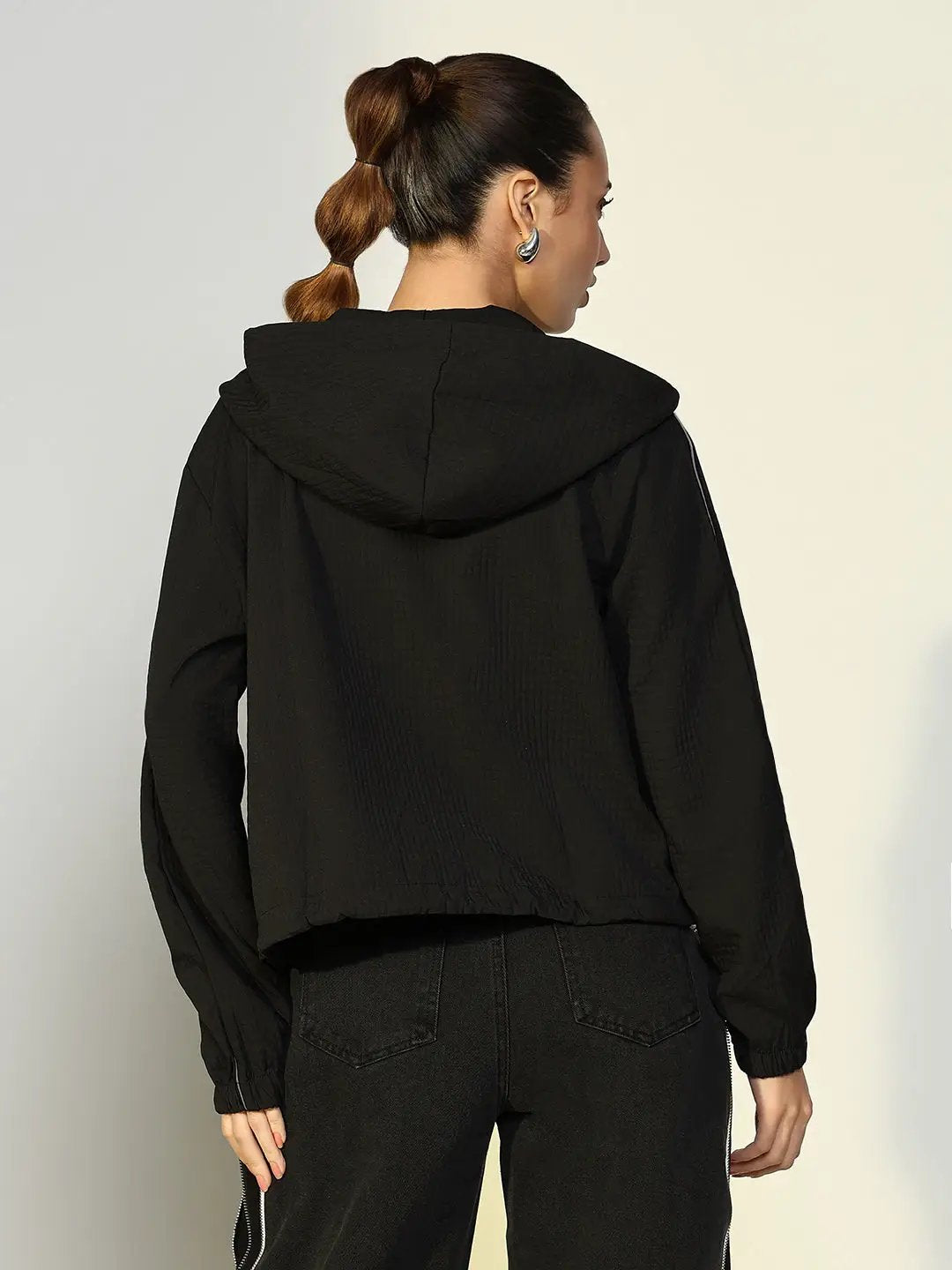 Women's Textured Black Bomber Jacket with Zip Detail