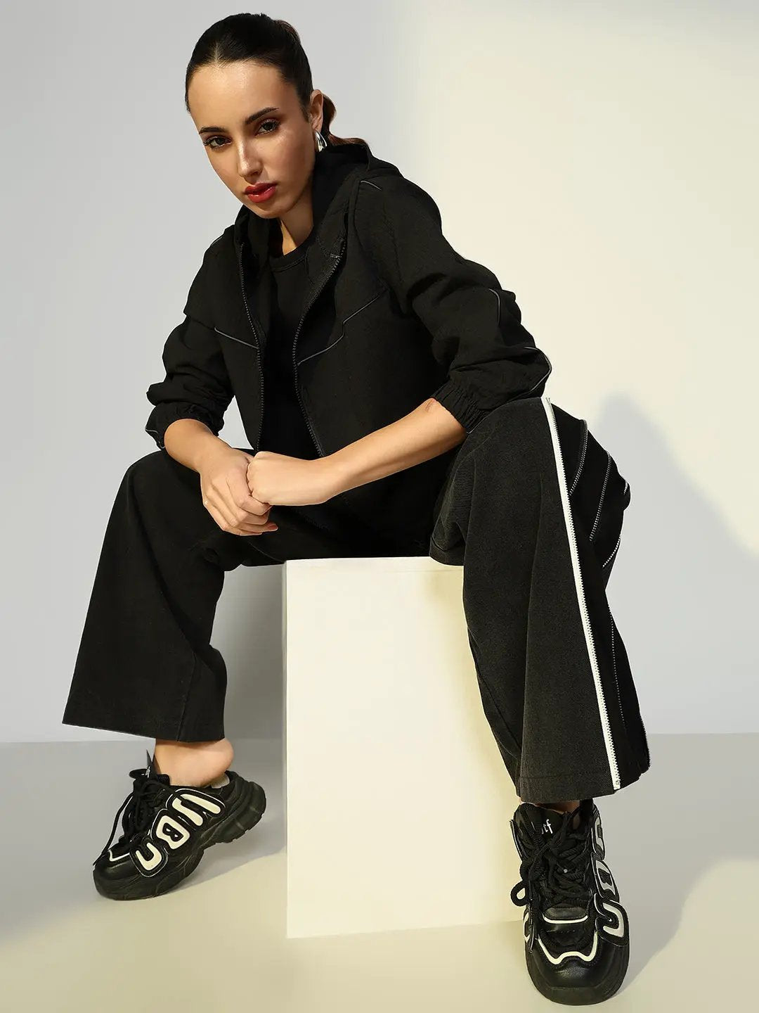 Women's Textured Black Bomber Jacket with Zip Detail