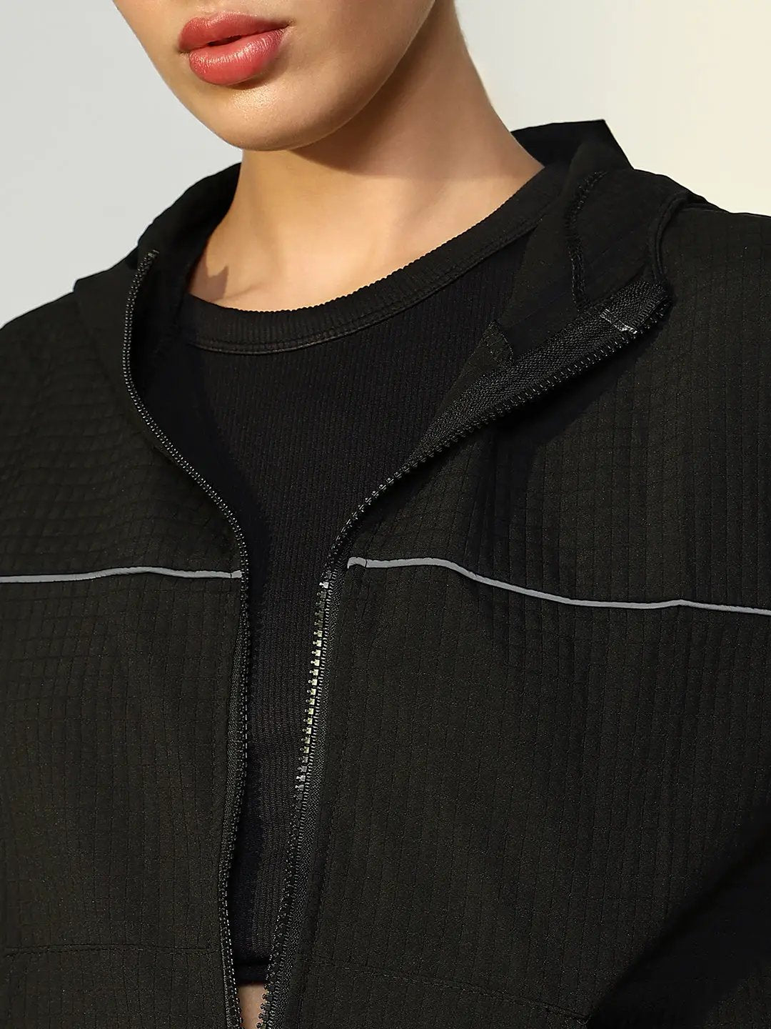 Women's Textured Black Bomber Jacket with Zip Detail