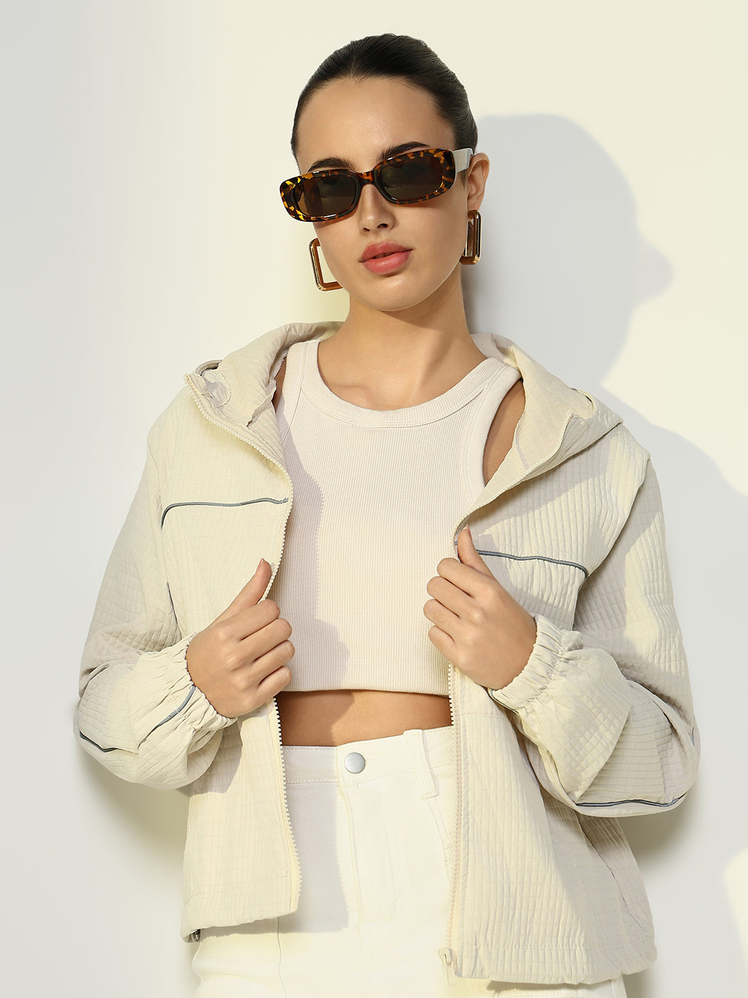 Women Solid Cream Bomber Jacket