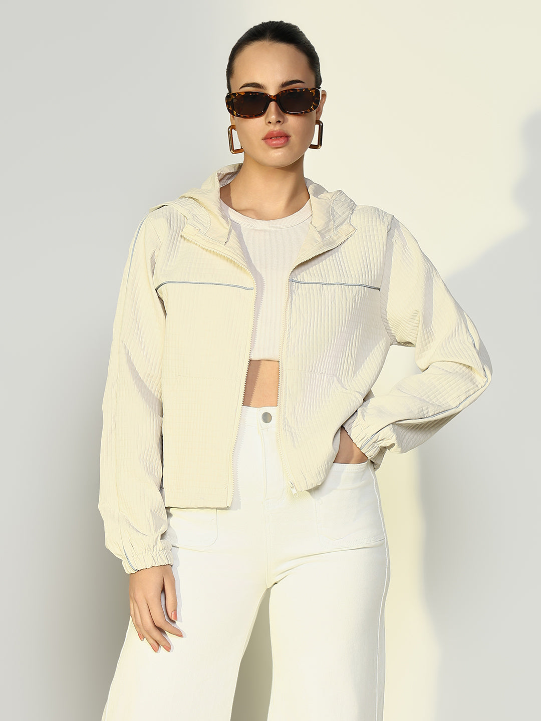 Women Solid Cream Bomber Jacket