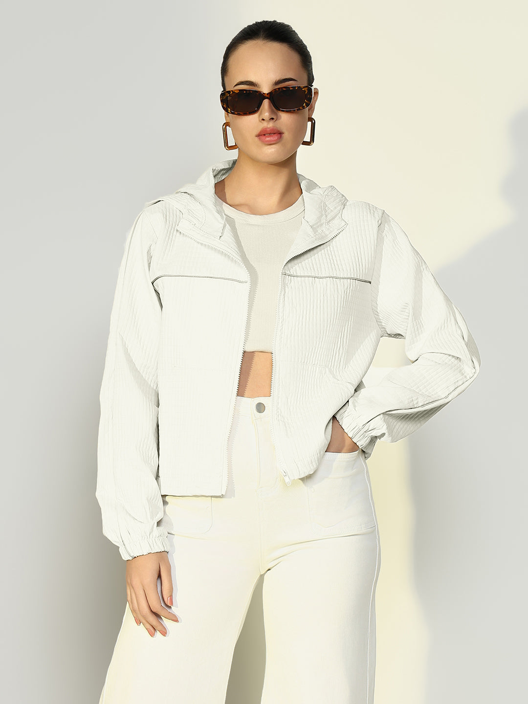 Women Solid White Casual Bomber Jacket with Hoodie