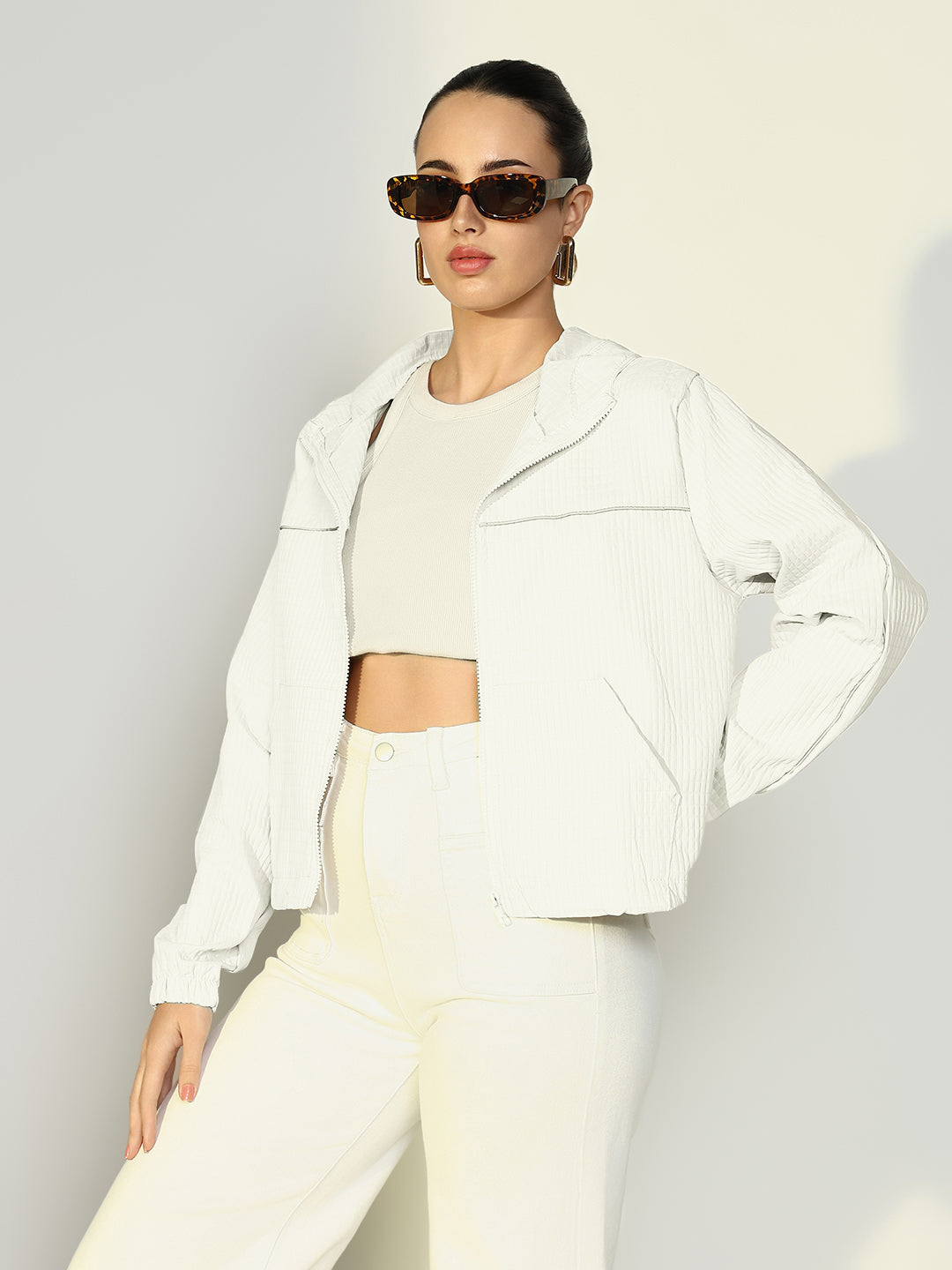 Women Solid White Casual Bomber Jacket with Hoodie