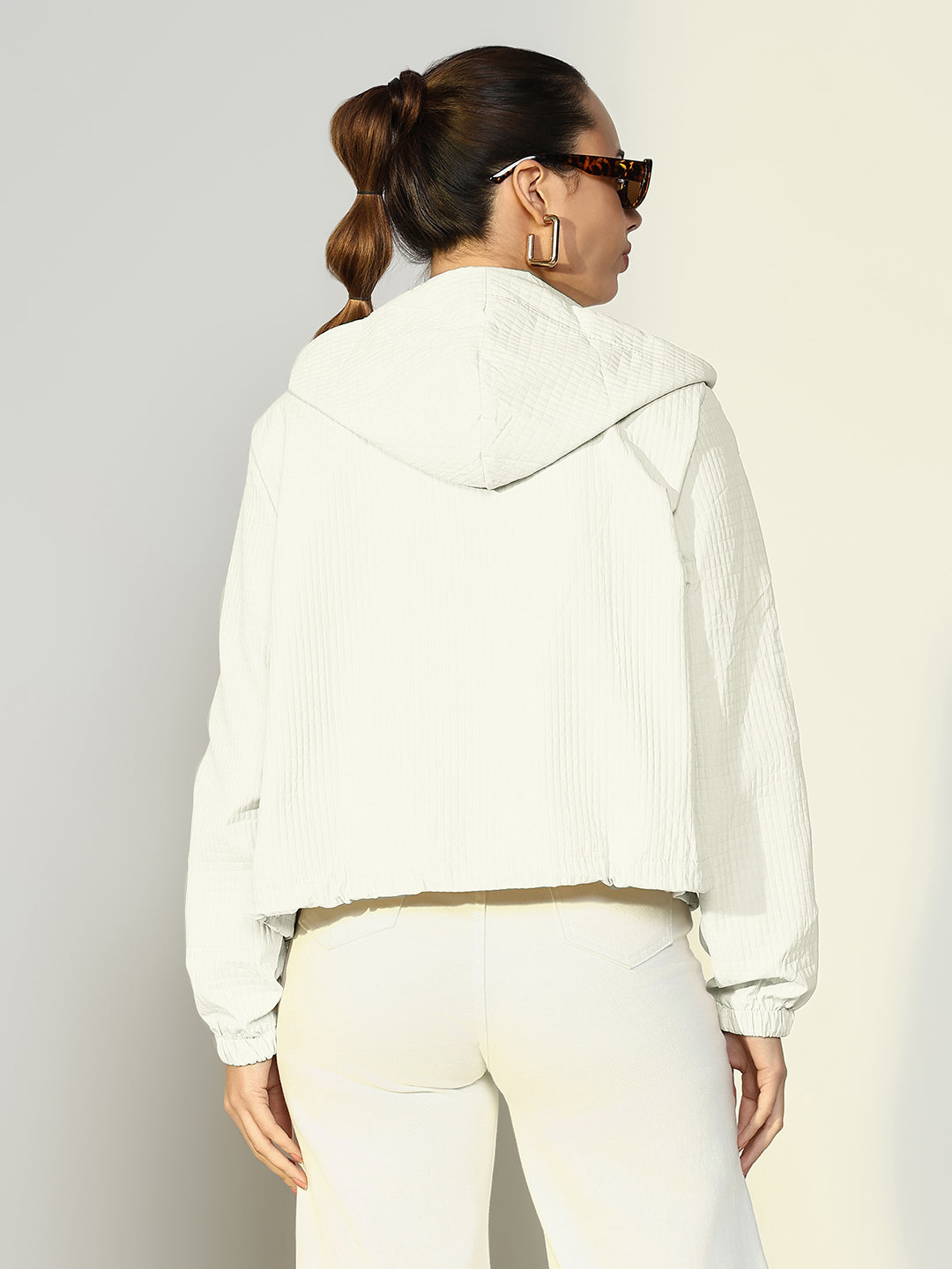 Women Solid White Casual Bomber Jacket with Hoodie