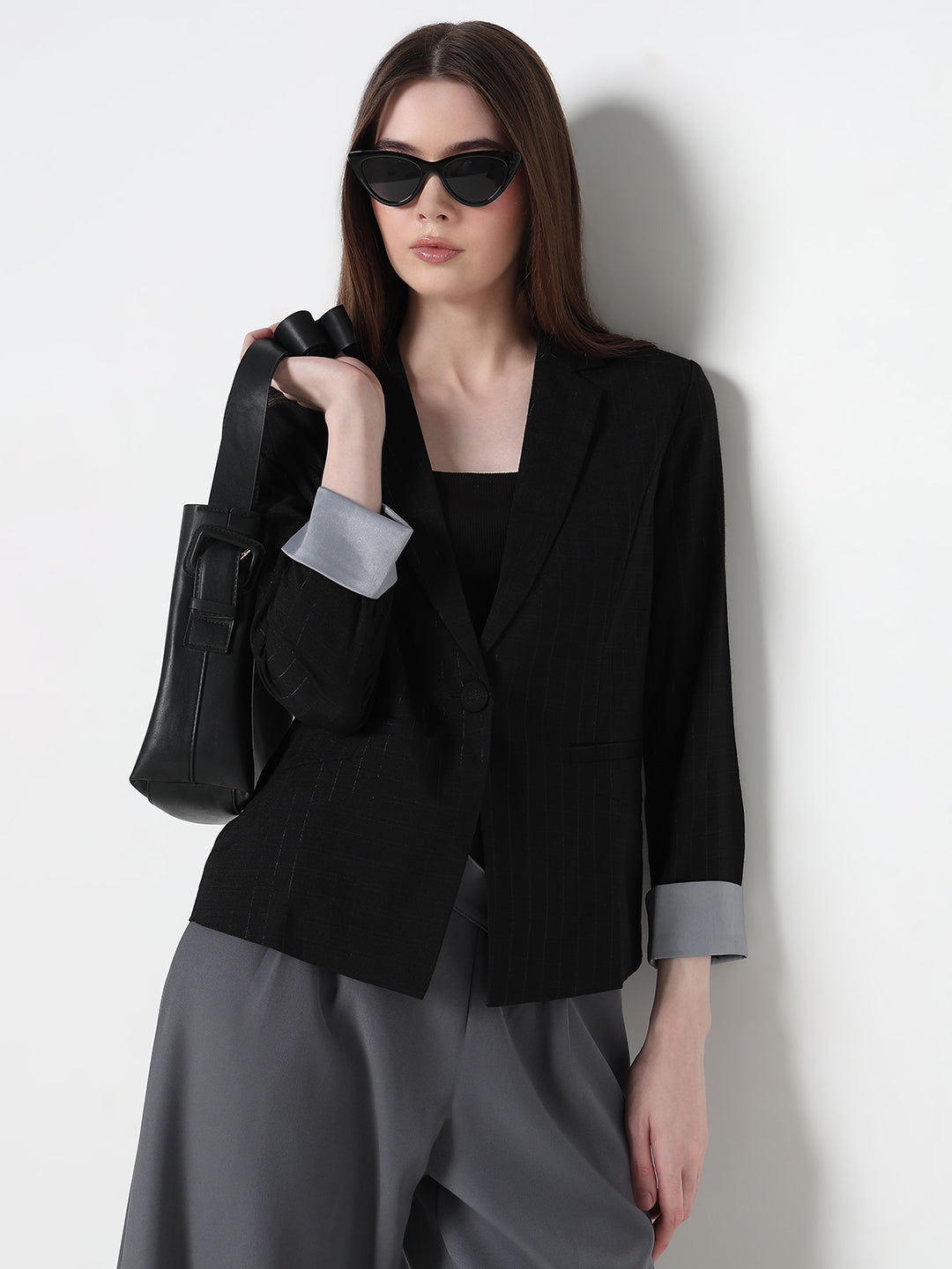 Women's Black Single Breasted Pin stripe Blazer with Contrast Cuff
