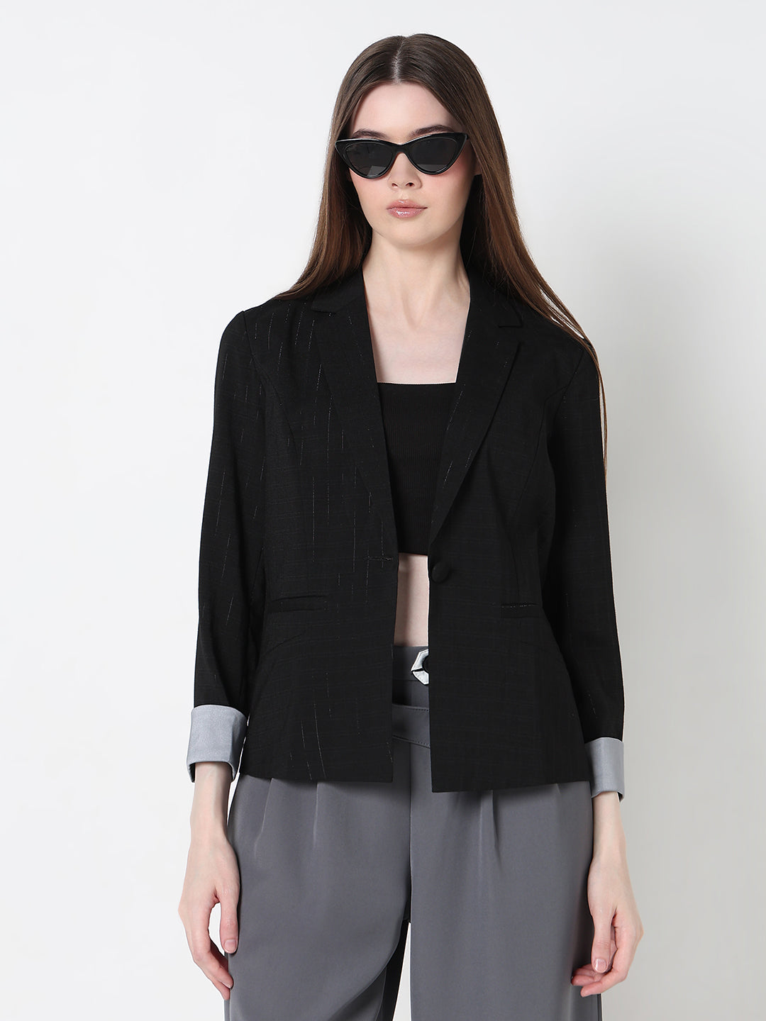 Women's Black Single Breasted Pin stripe Blazer with Contrast Cuff