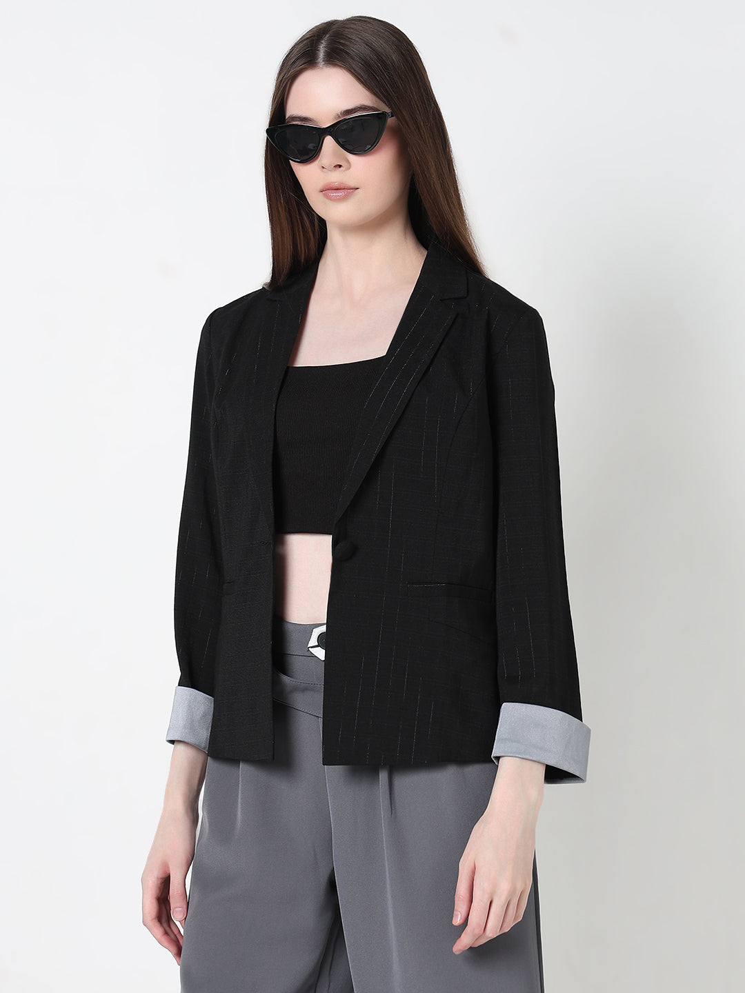 Women's Black Single Breasted Pin stripe Blazer with Contrast Cuff