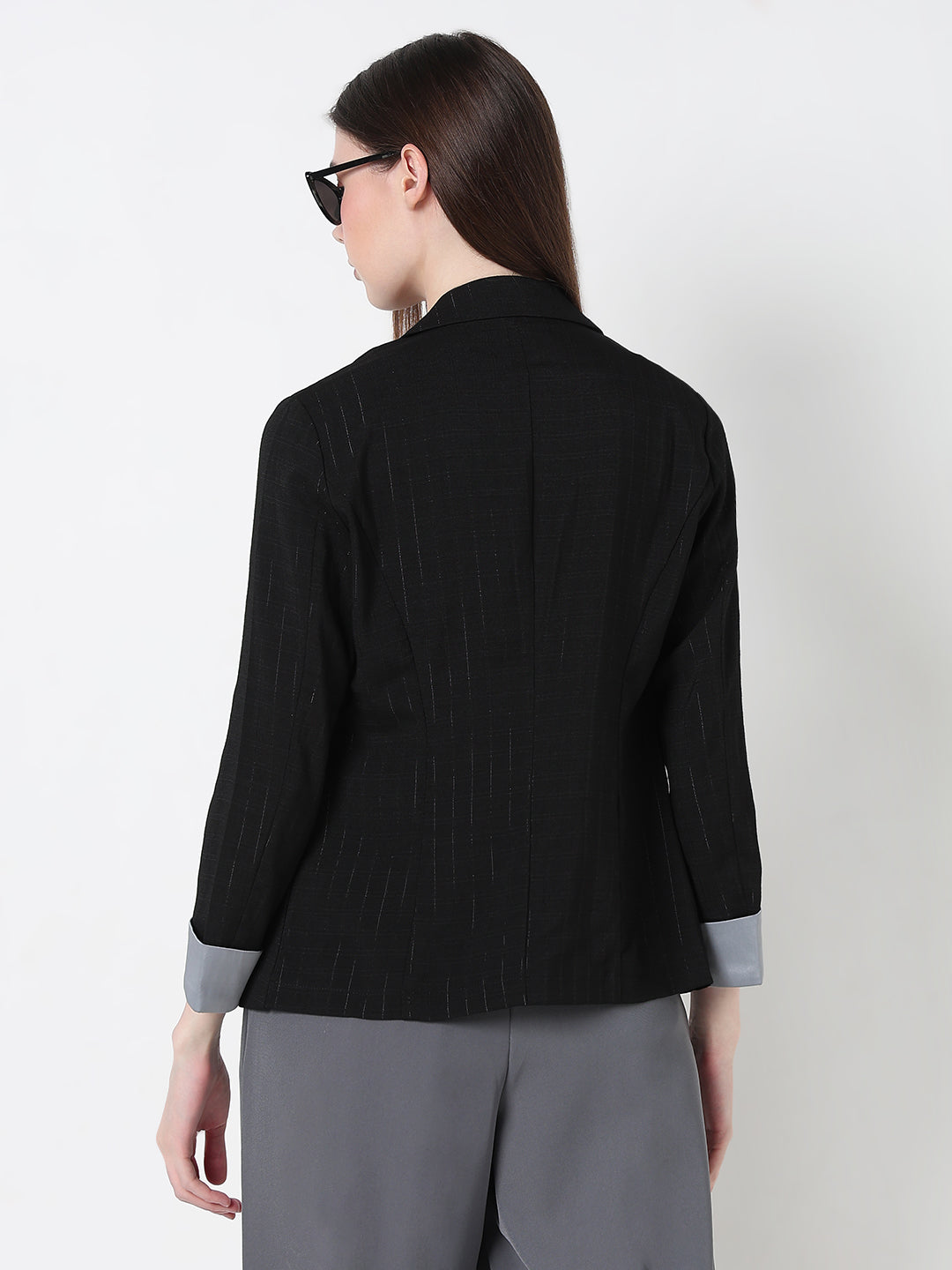 Women's Black Single Breasted Pin stripe Blazer with Contrast Cuff