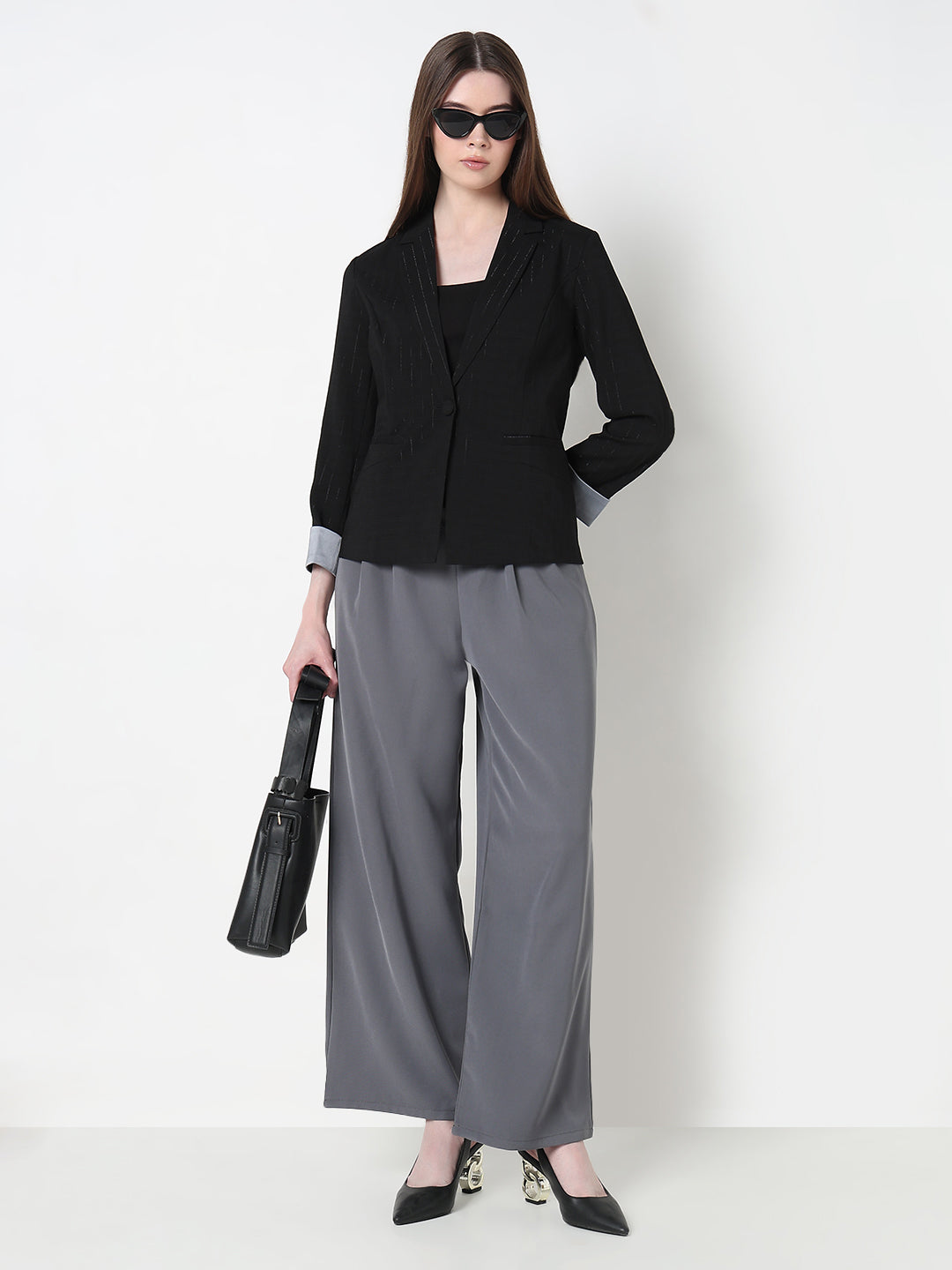 Women's Black Single Breasted Pin stripe Blazer with Contrast Cuff