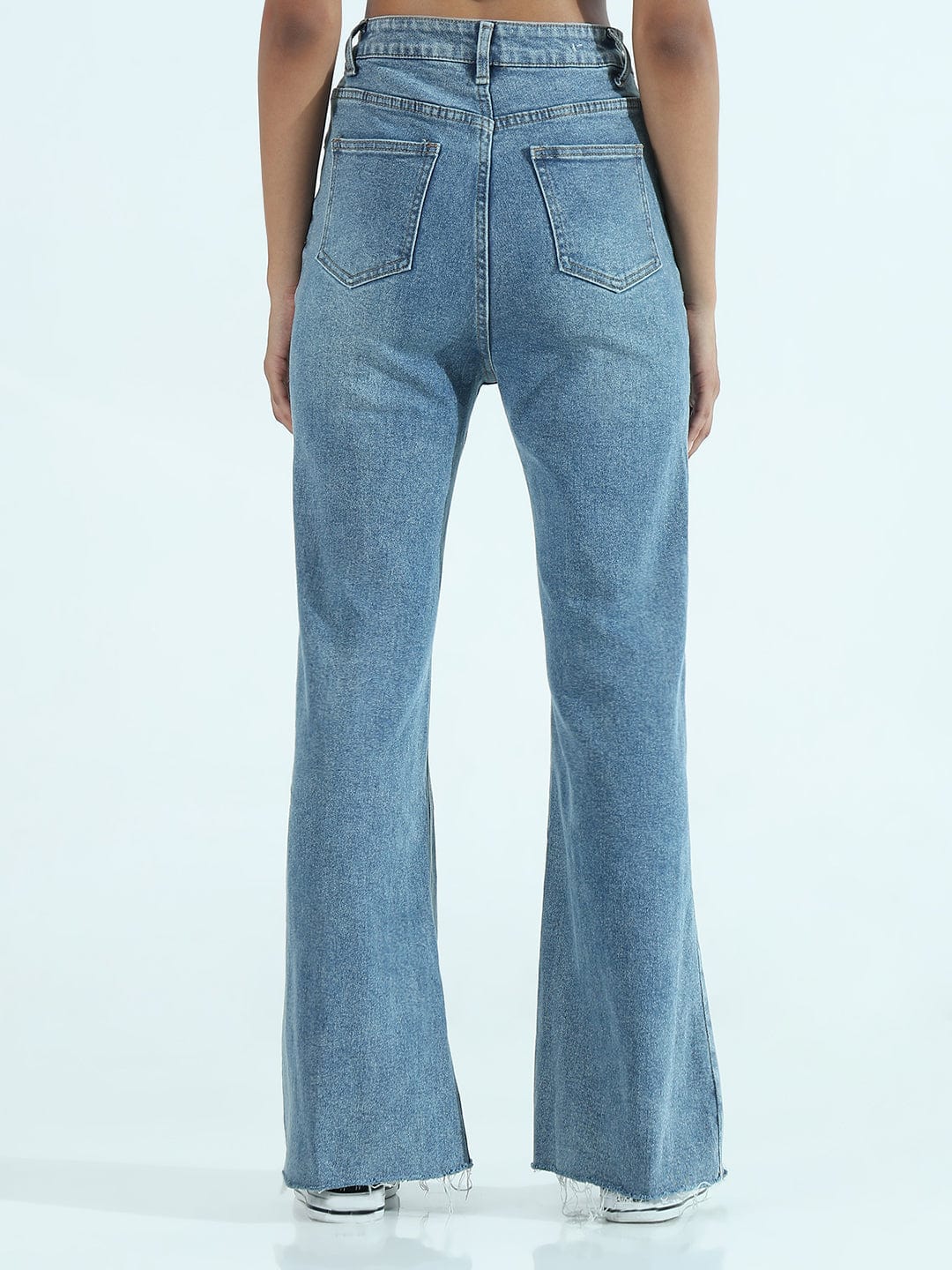 Women's Blue High Rise Flare Jeans with Knee Slit