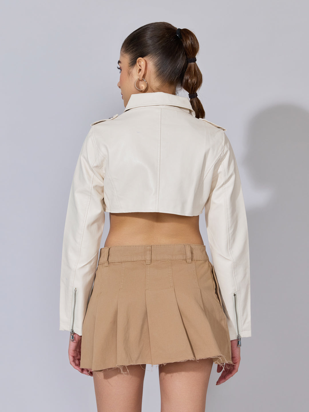 Women's Cream Faux Leather Cropped Jacket