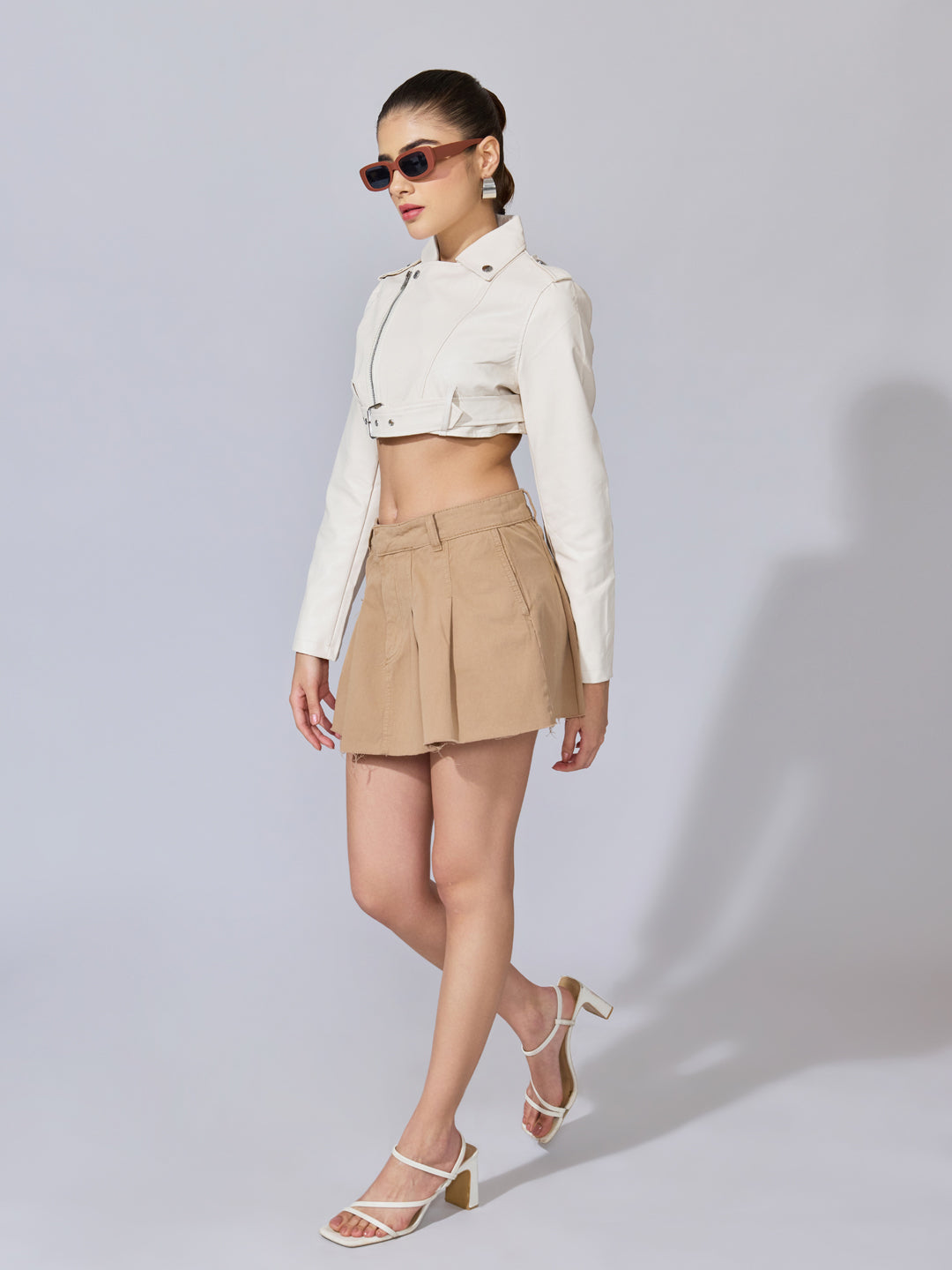 Women's Cream Faux Leather Cropped Jacket