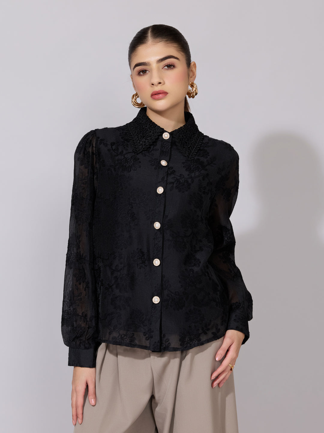 Women's Embroidered Black Stylized Collar Shirt