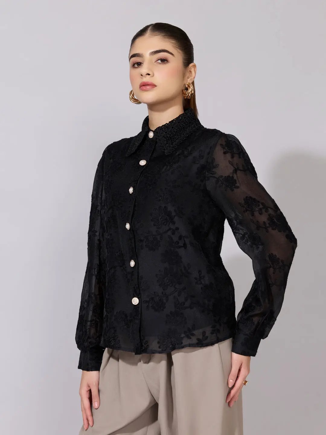Women's Embroidered Black Stylized Collar Shirt - from SHOWOFFFF