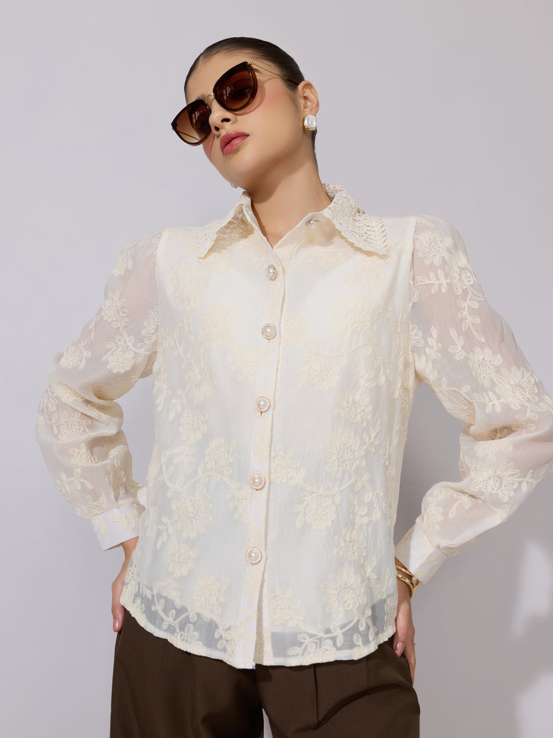 Women's Embroidered Cream Stylized Collar Shirt