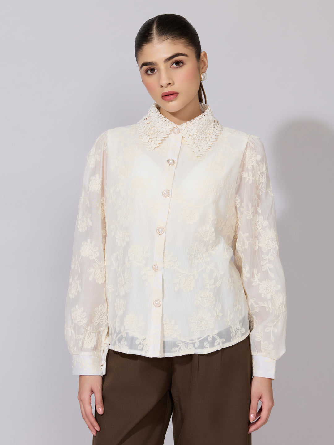 Women's Embroidered Cream Stylized Collar Shirt