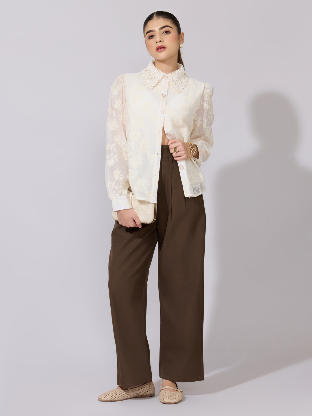 Women's Embroidered Cream Stylized Collar Shirt