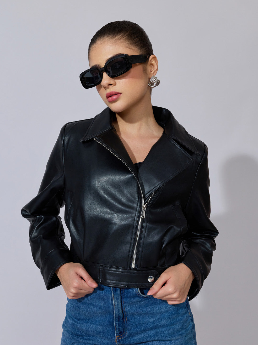 Women's Black Faux Leather Biker Jacket with Asymmetric Zip