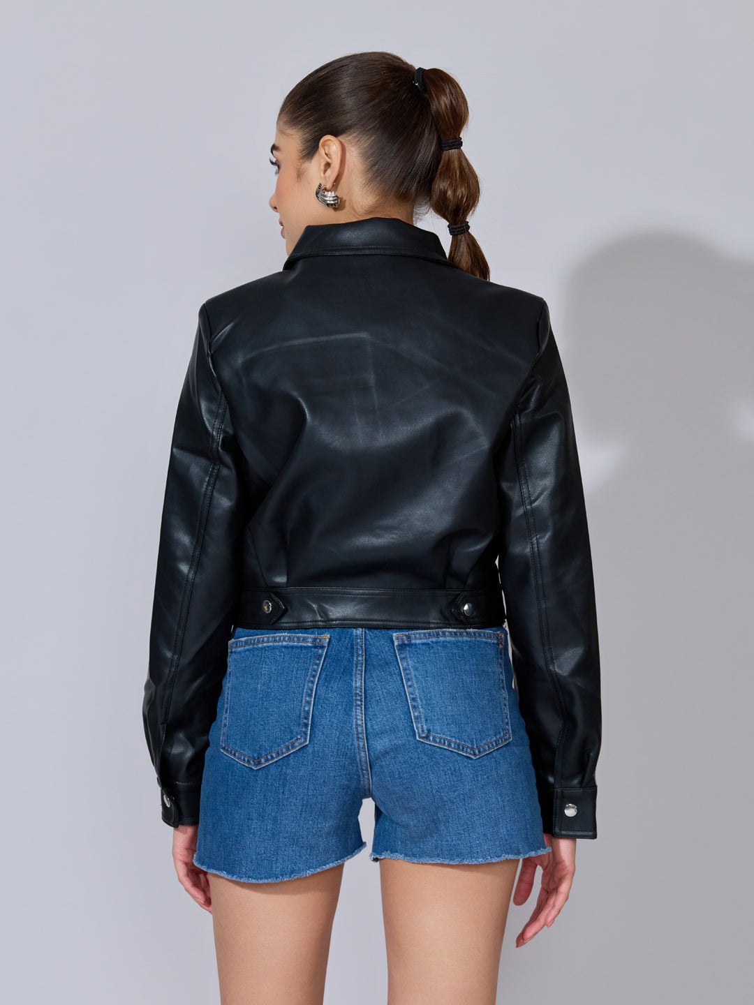 Women's Black Faux Leather Biker Jacket with Asymmetric Zip