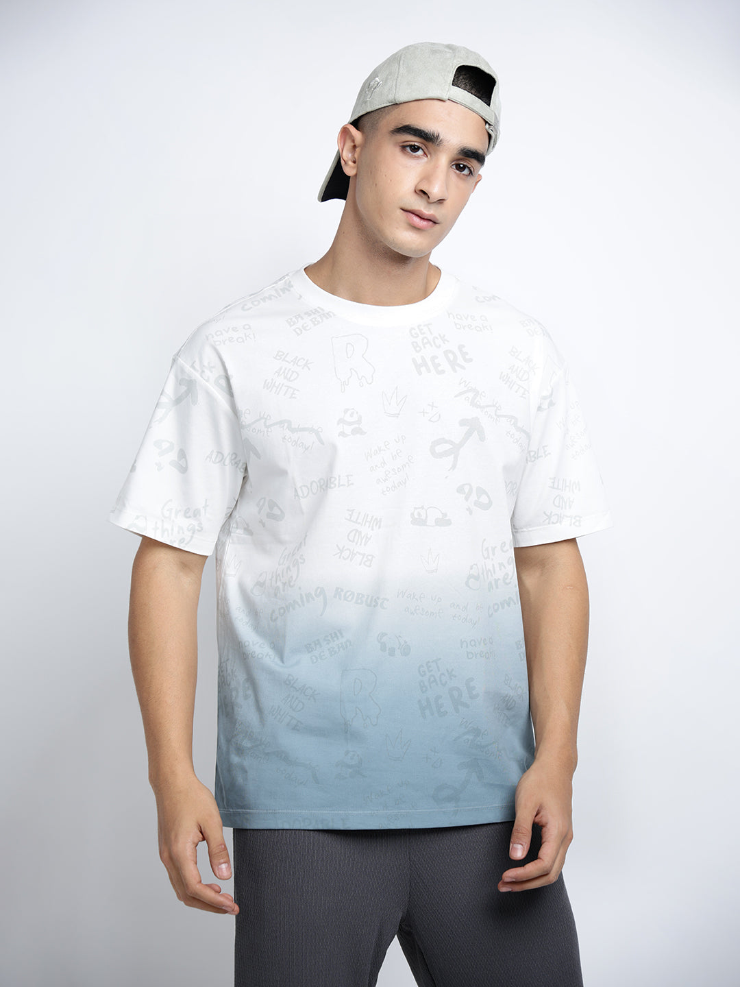 Men's Printed White and Blue Gradient Regular Fit T-Shirt