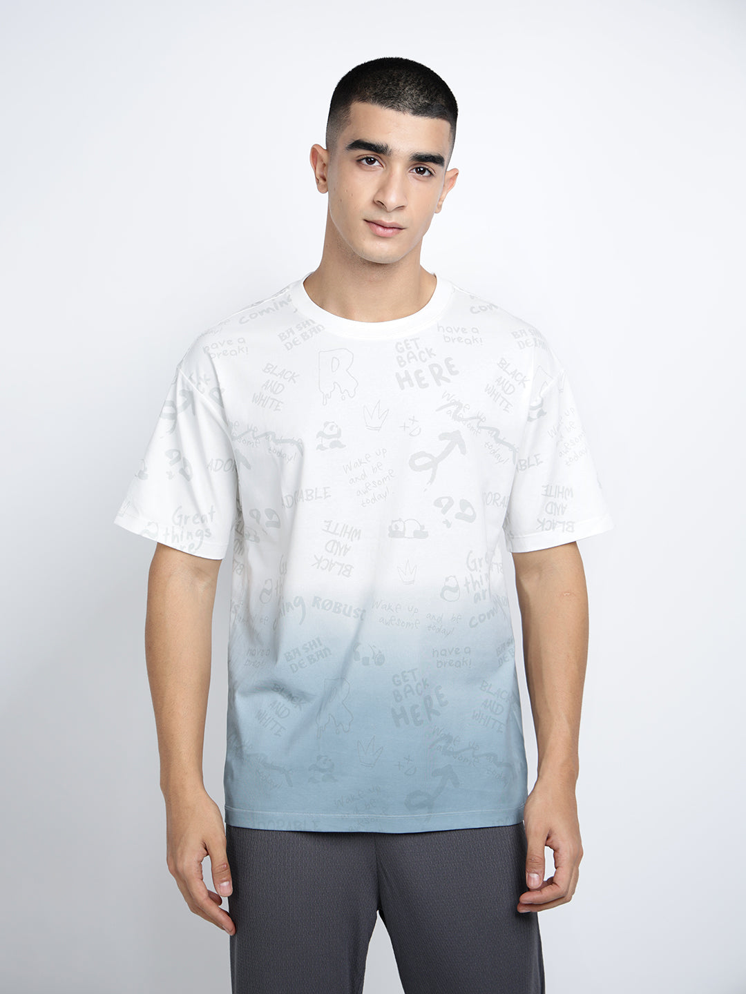 Men's Printed White and Blue Gradient Regular Fit T-Shirt