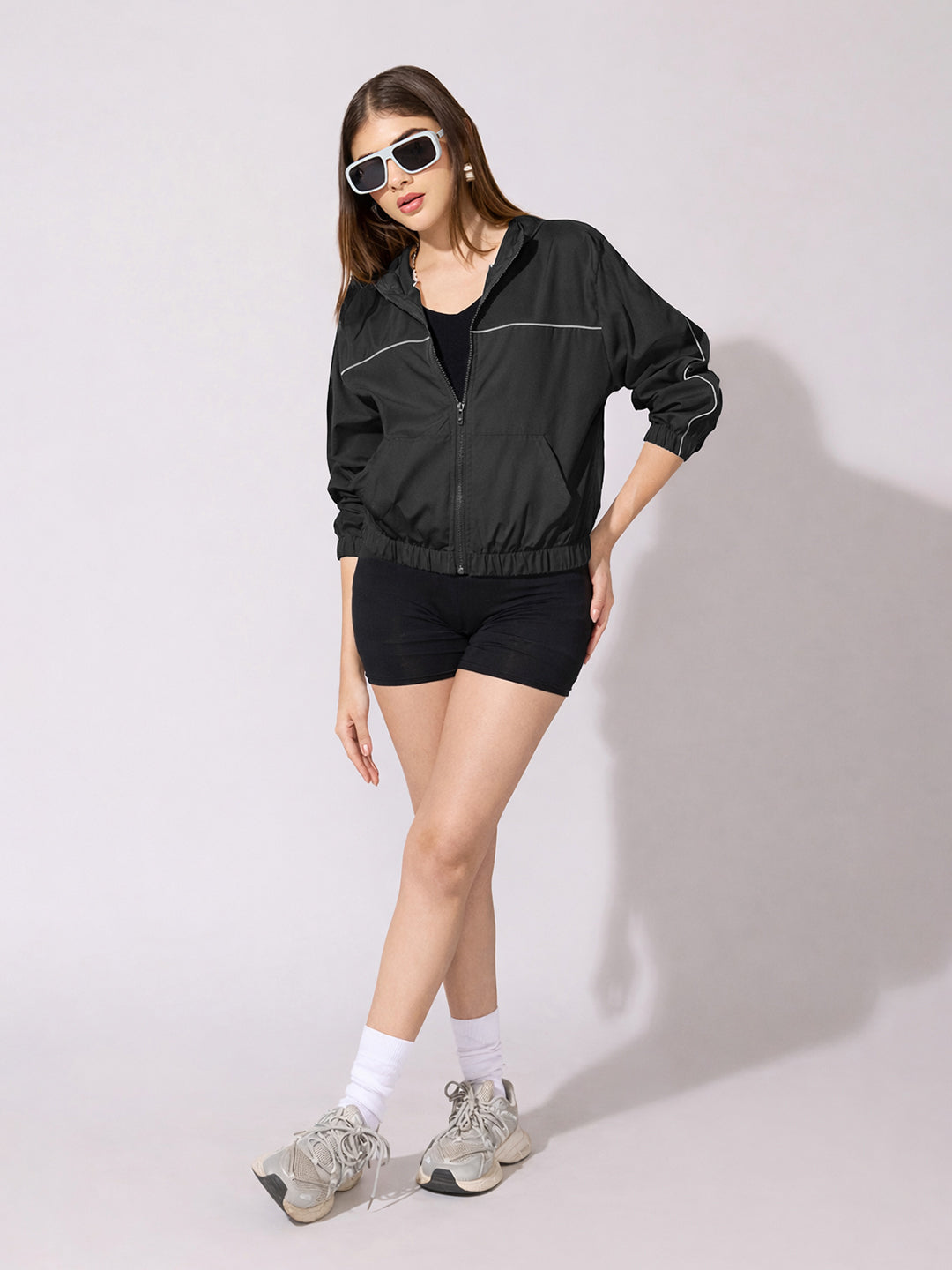 Women's Black Hooded Zip-Up Jacket