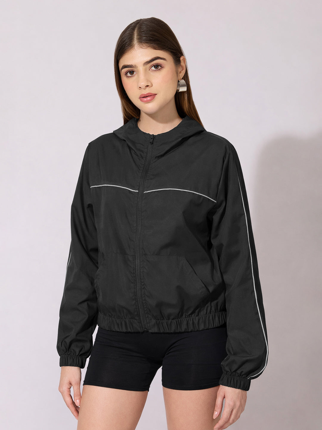 Women's Black Hooded Zip-Up Jacket