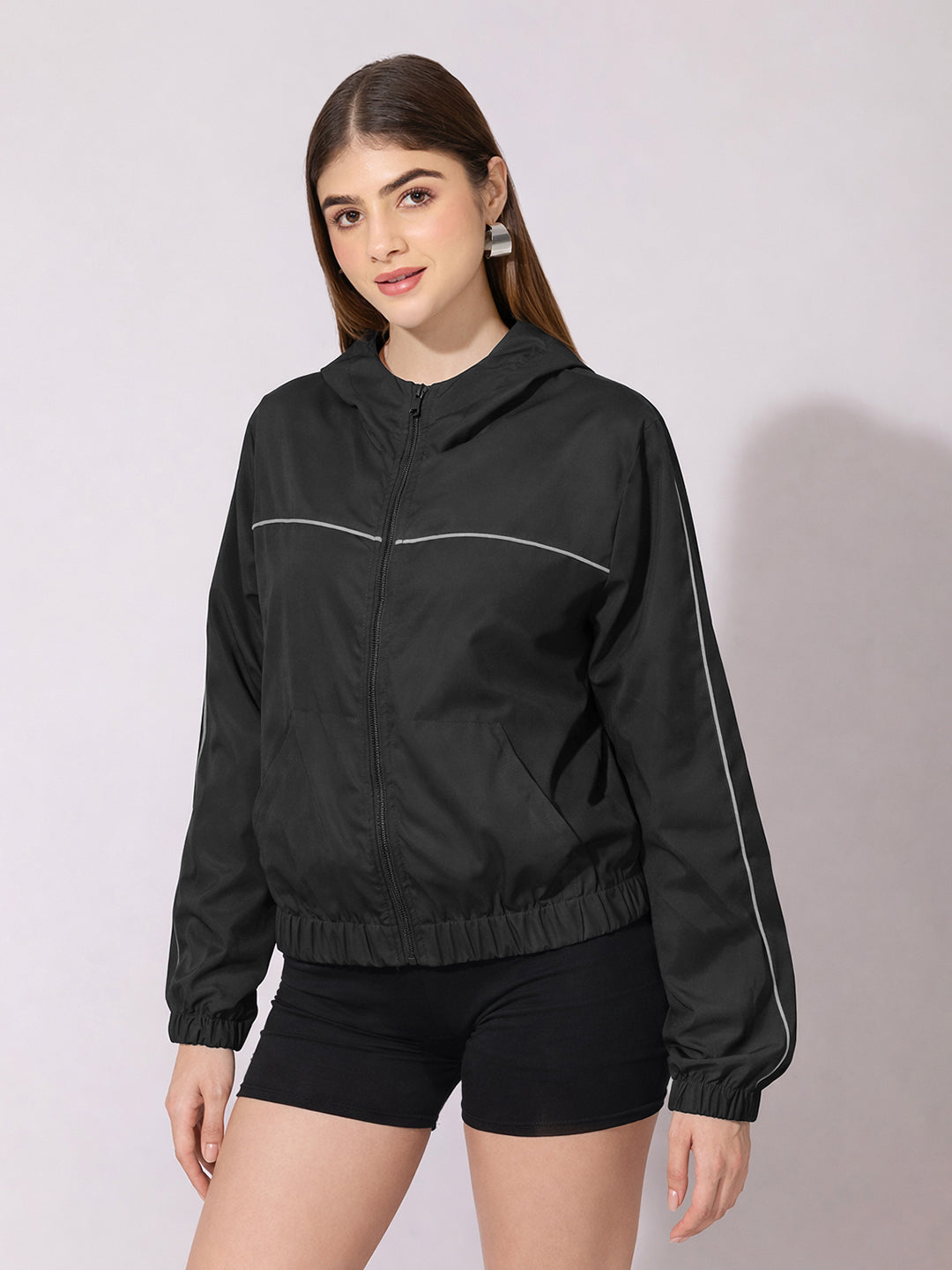 Women's Black Hooded Zip-Up Jacket