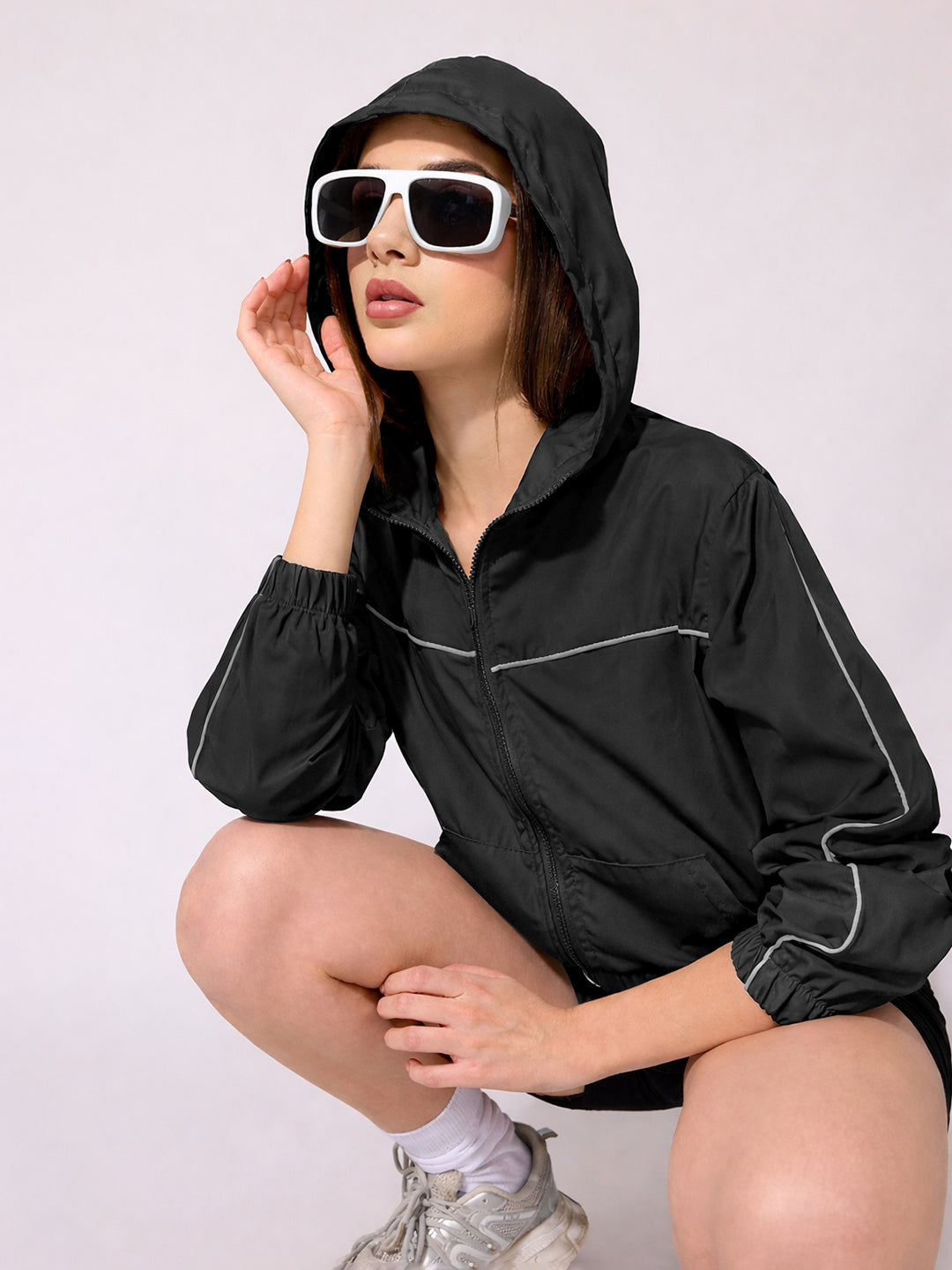 Women's Black Hooded Zip-Up Jacket