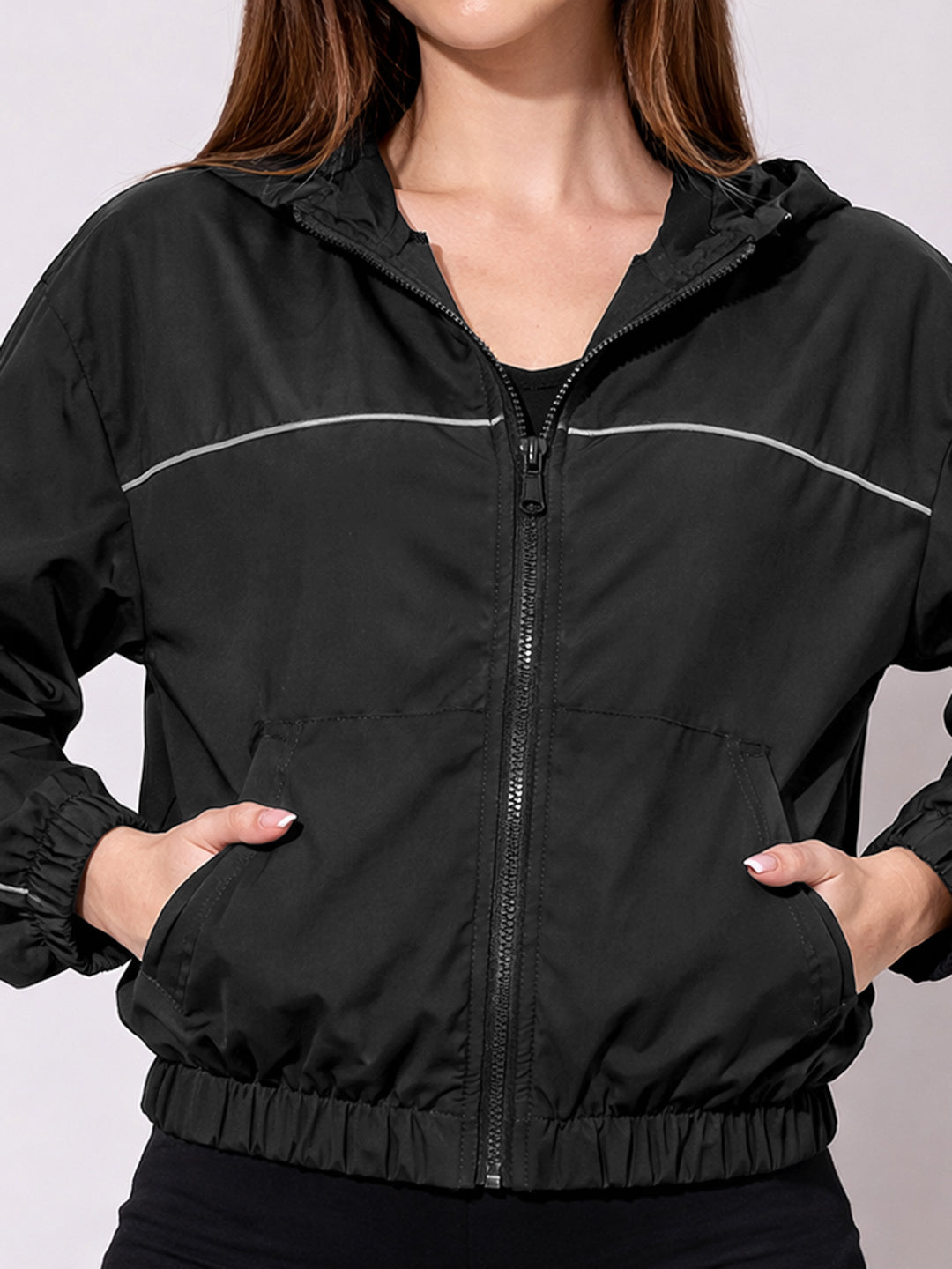 Women's Black Hooded Zip-Up Jacket