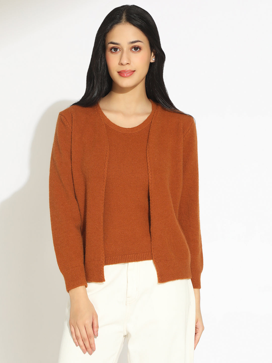 Women's Knitted Brown Sleeveless Top with Shrug