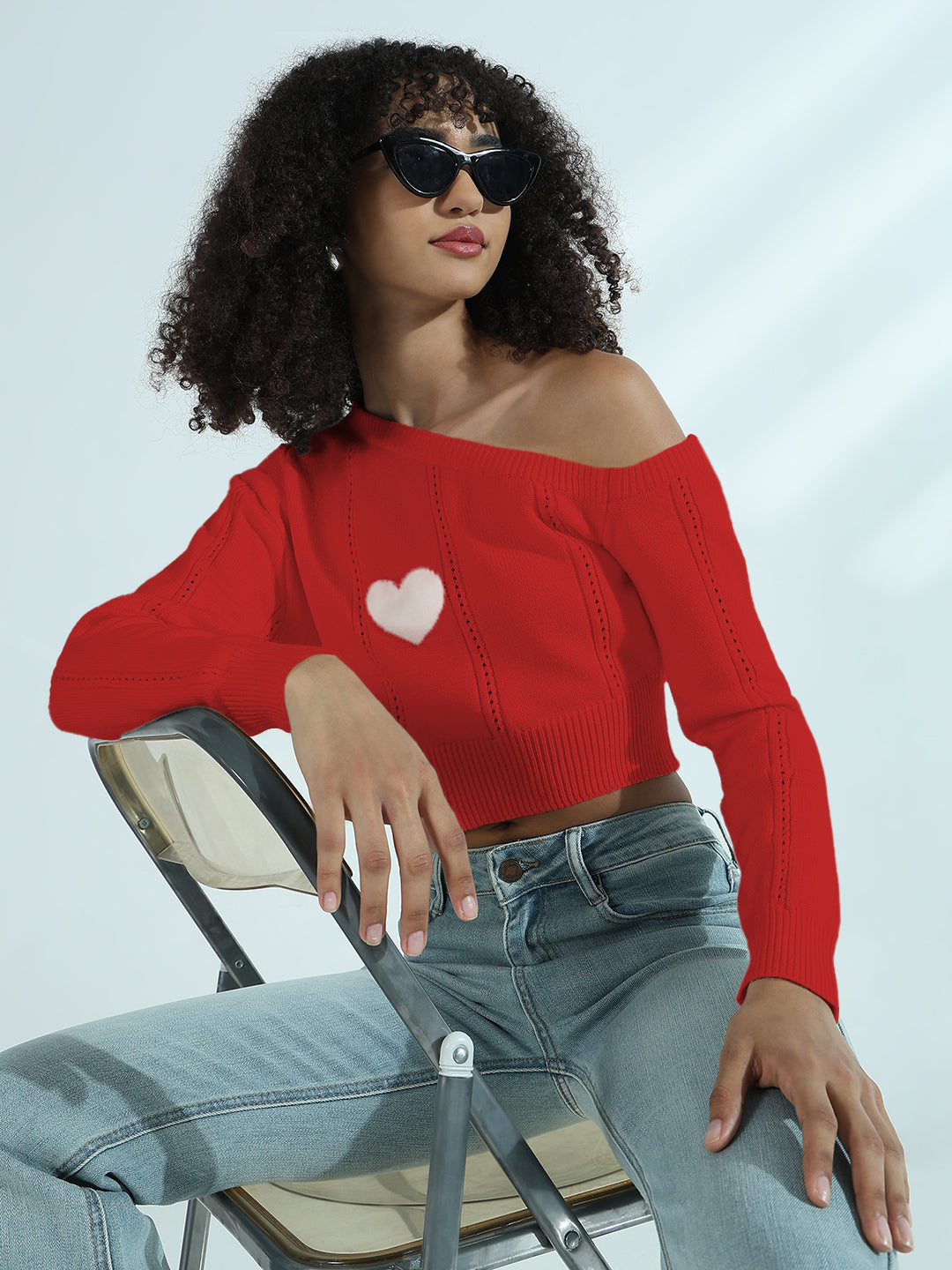 Women’s White One-Shoulder Cropped Knit Top with Heart Detail