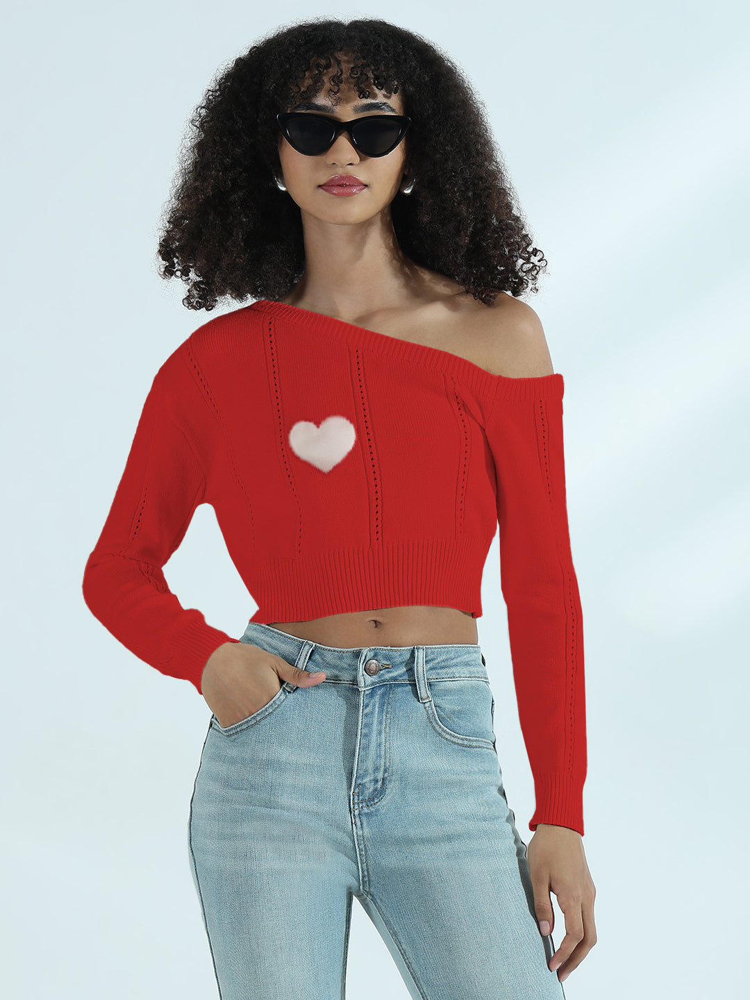 Women’s White One-Shoulder Cropped Knit Top with Heart Detail