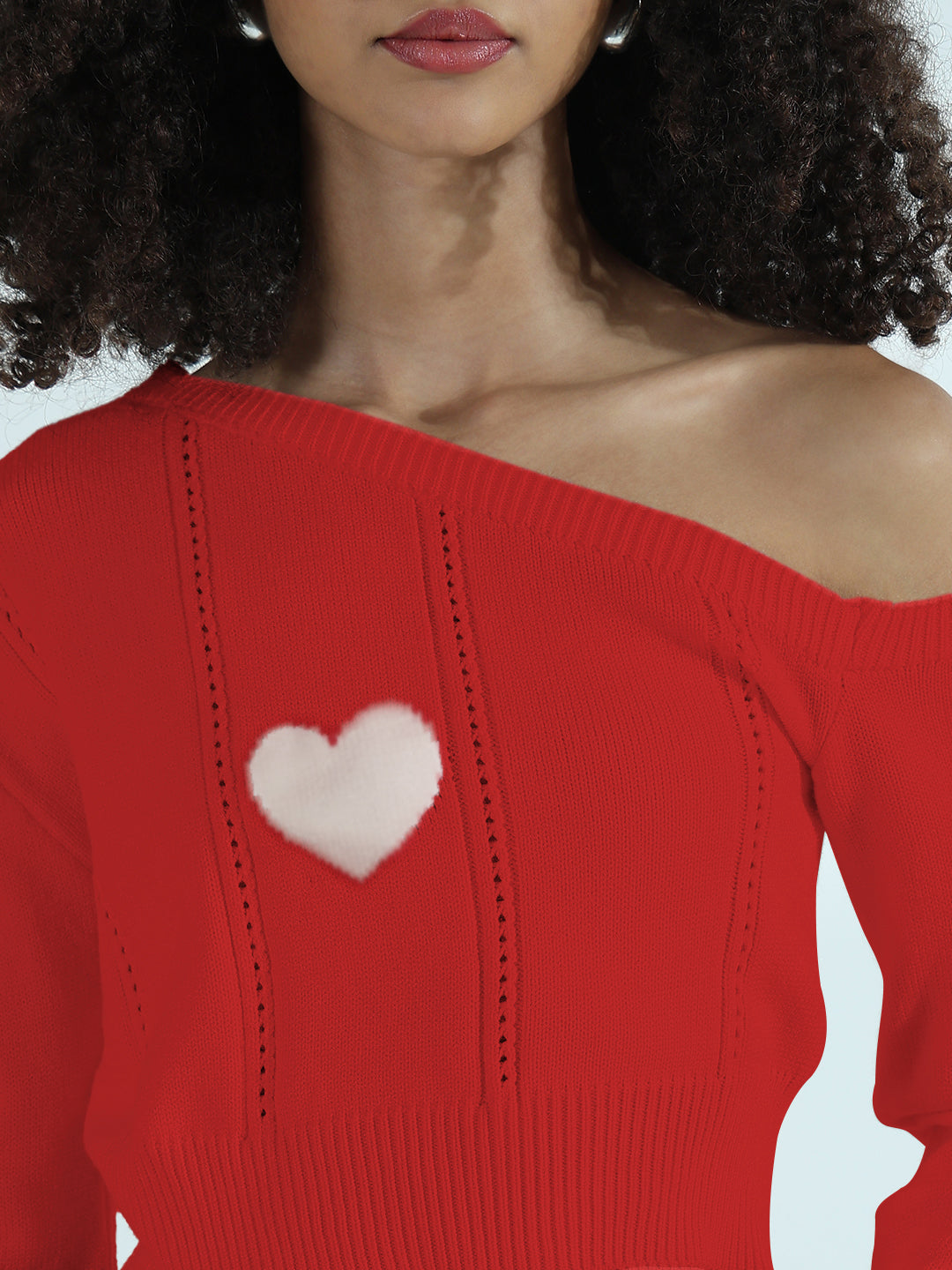 Women’s White One-Shoulder Cropped Knit Top with Heart Detail