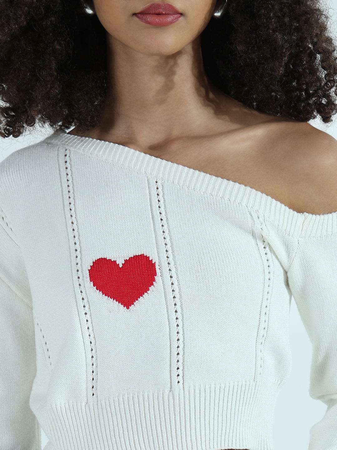 Women's Ribbed White Off Shoulder Crop Top with Heart