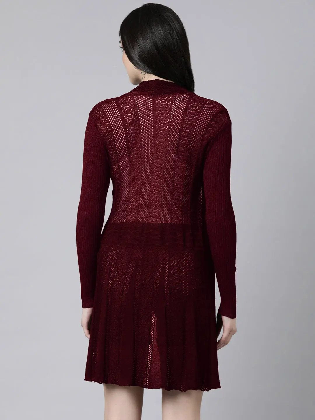 Women's Textured Knit Maroon Open-Front Long Shrug - from SHOWOFFFF