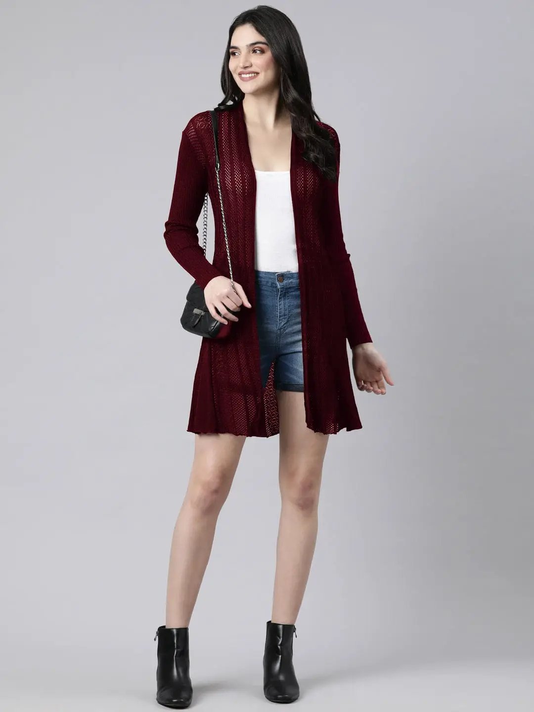 Women's Textured Knit Maroon Open-Front Long Shrug - from SHOWOFFFF
