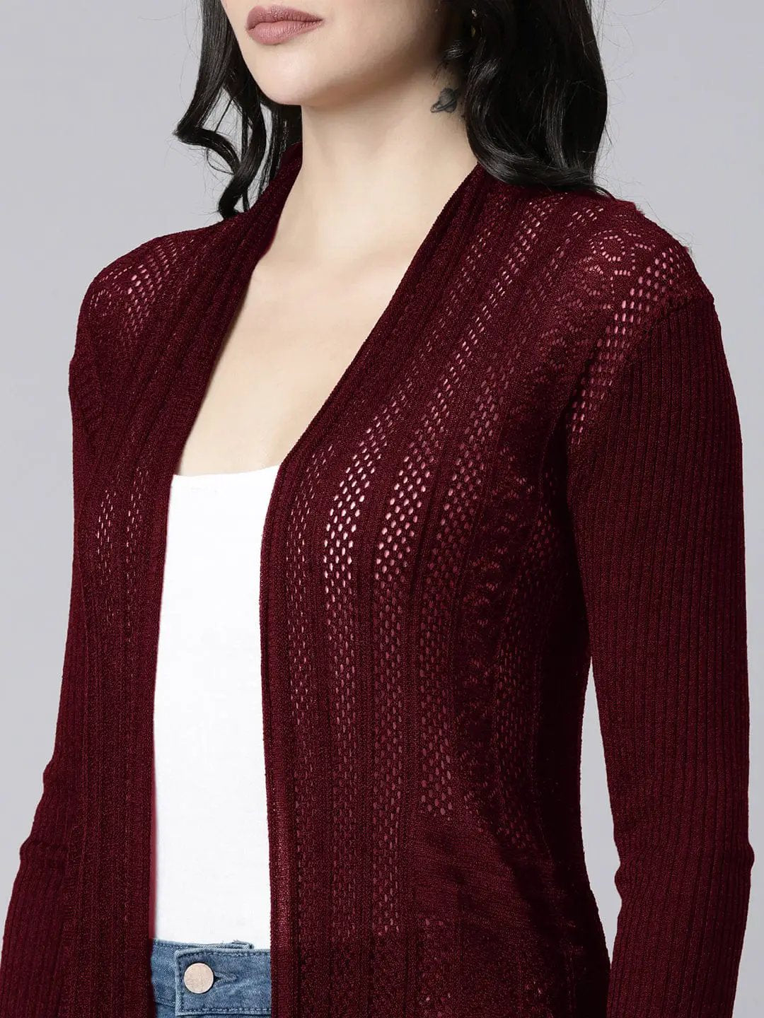Women's Textured Knit Maroon Open-Front Long Shrug - from SHOWOFFFF