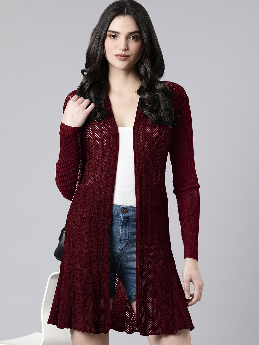 Shop Women's Textured Knit Maroon Open-Front Long Shrug Showoffff