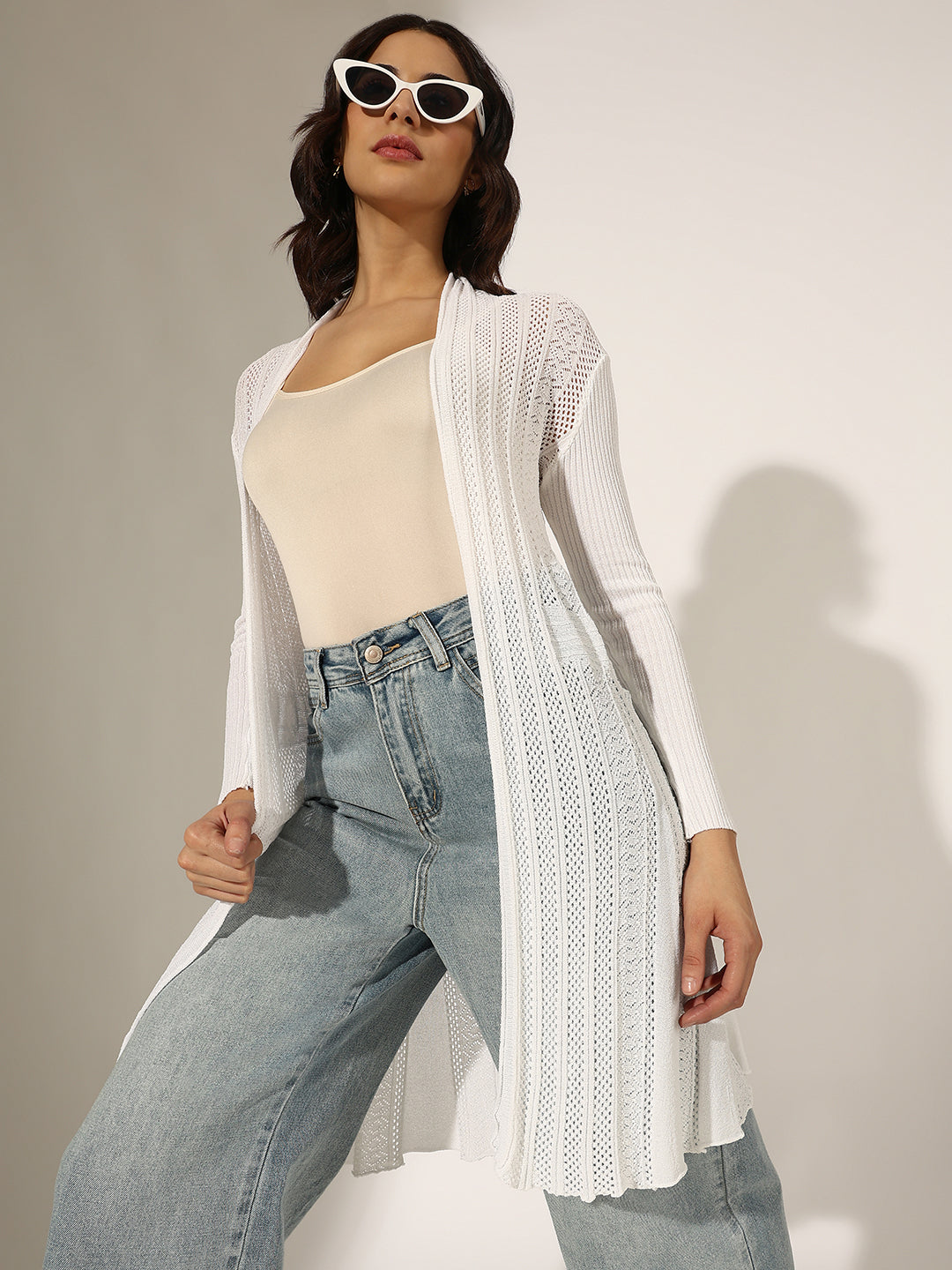 Women's Textured White Open Knit Long Shrug