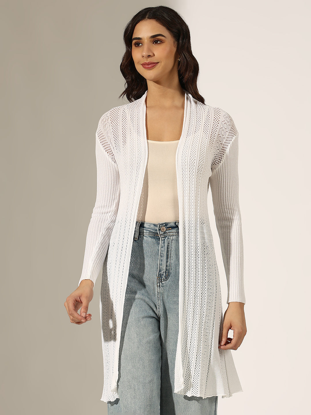 Women's Textured White Open Knit Long Shrug