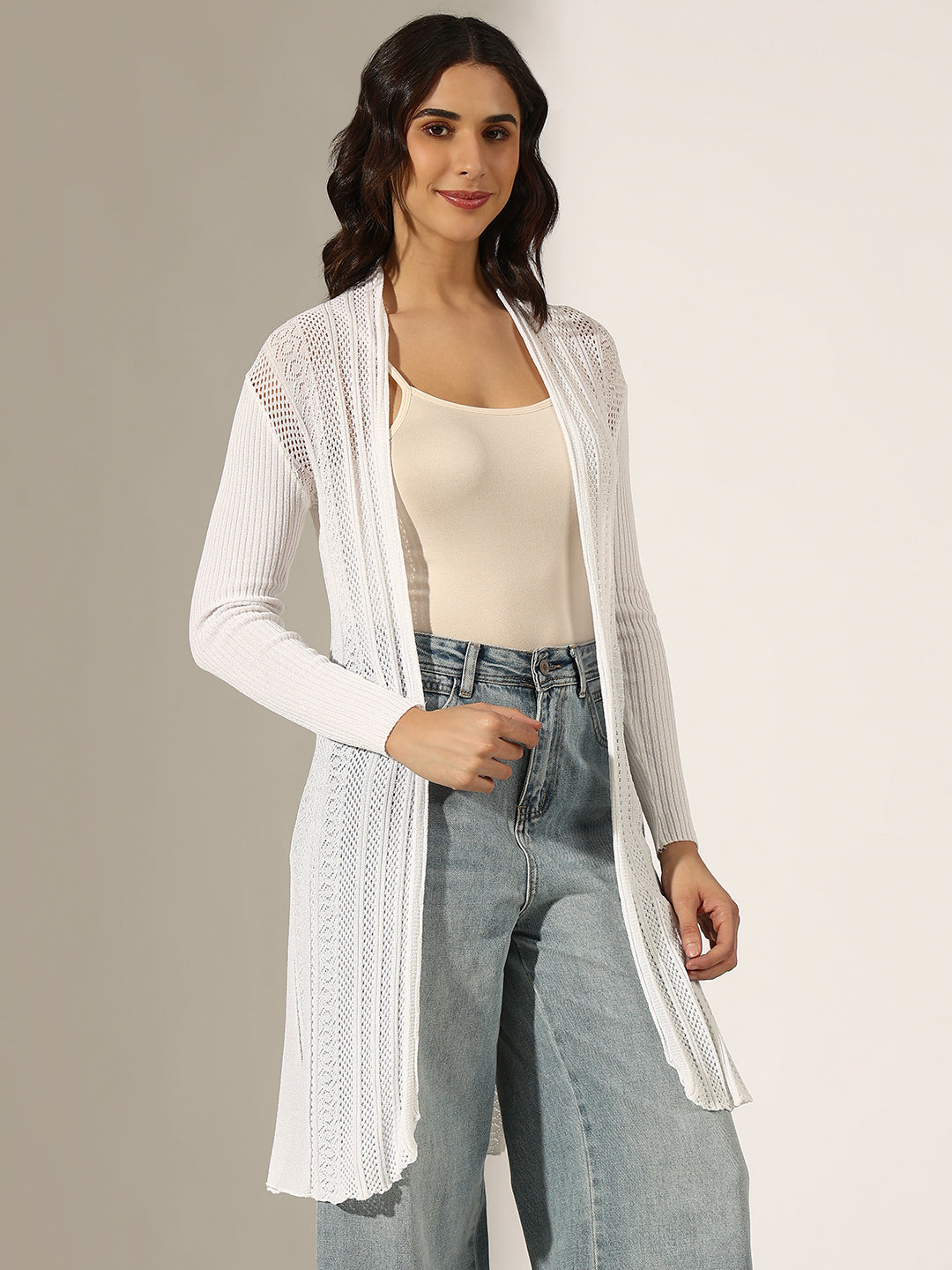 Women's Textured White Open Knit Long Shrug